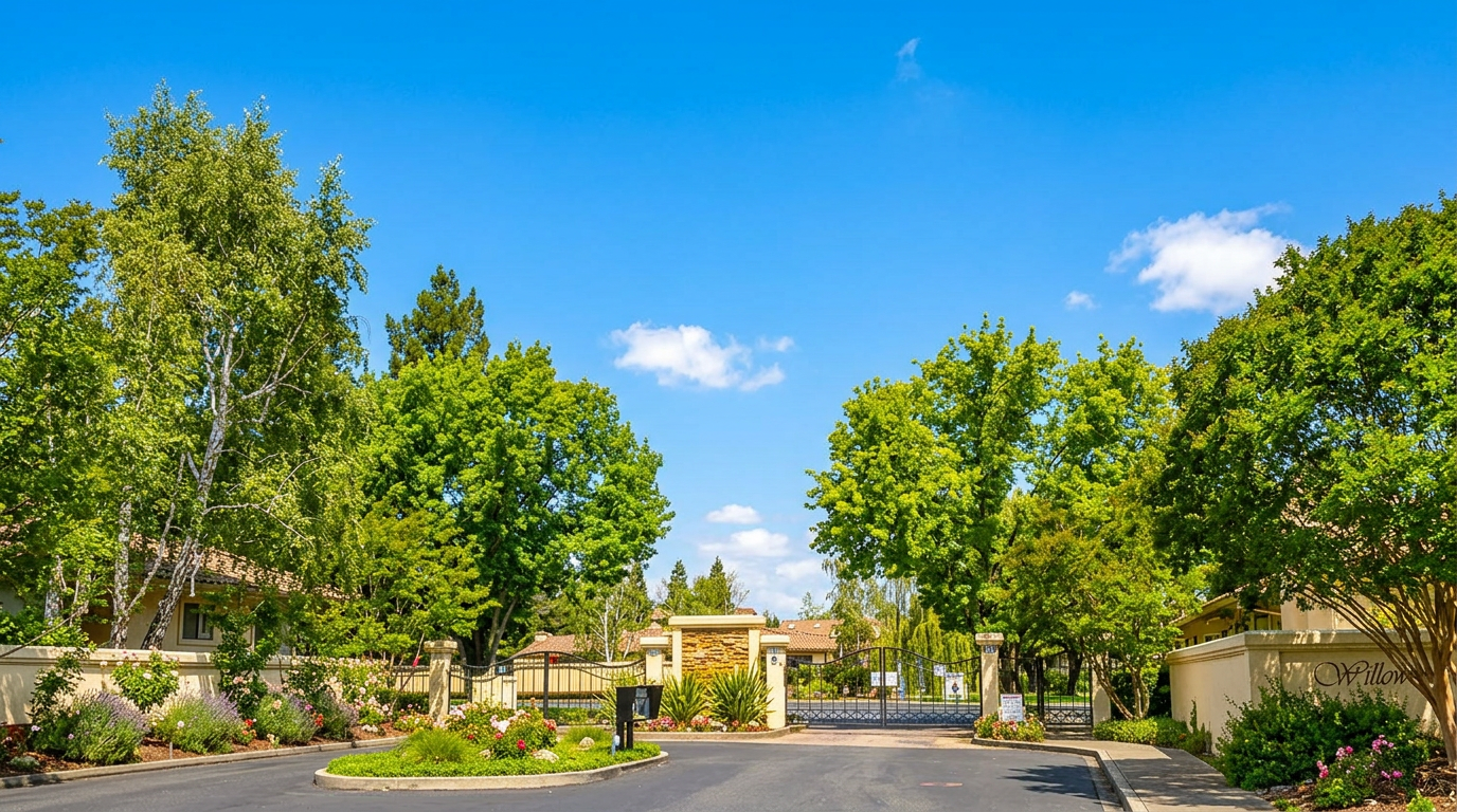 This image shows the gated entrance to the Willow community, featuring a landscaped circular driveway with mature trees and vibrant flowering shrubs. The entrance is marked by a stone wall with an elegant wrought-iron gate, providing a sense of privacy and exclusivity. The well-maintained surroundings and bright blue sky suggest a peaceful and upscale residential neighborhood.