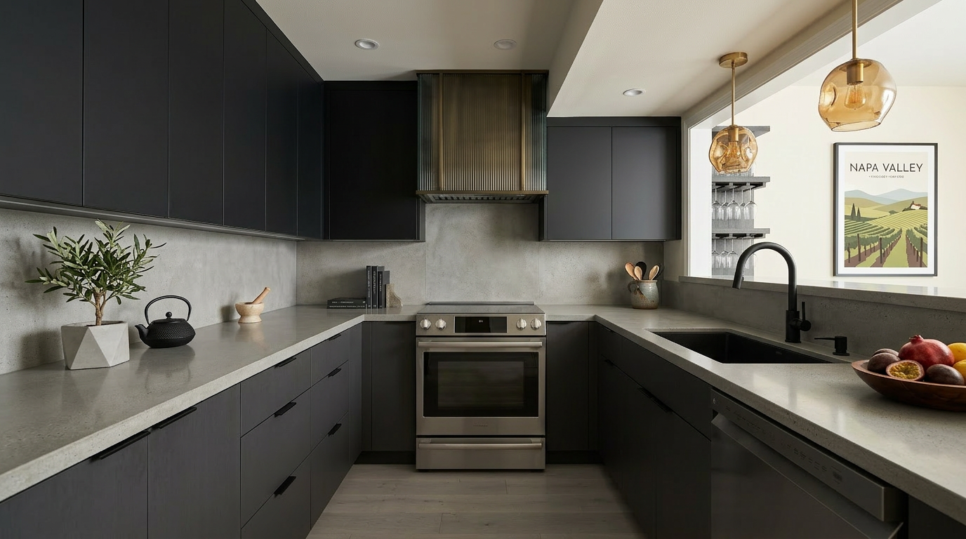 This modern U-shaped kitchen features sleek matte black cabinetry contrasted by a smooth, light gray concrete-style countertop and backsplash. The space is equipped with stainless steel appliances, a sophisticated fluted glass range hood, and warm amber pendant lighting that adds a touch of elegance. A framed Napa Valley print and minimalist accessories create a refined, contemporary atmosphere.