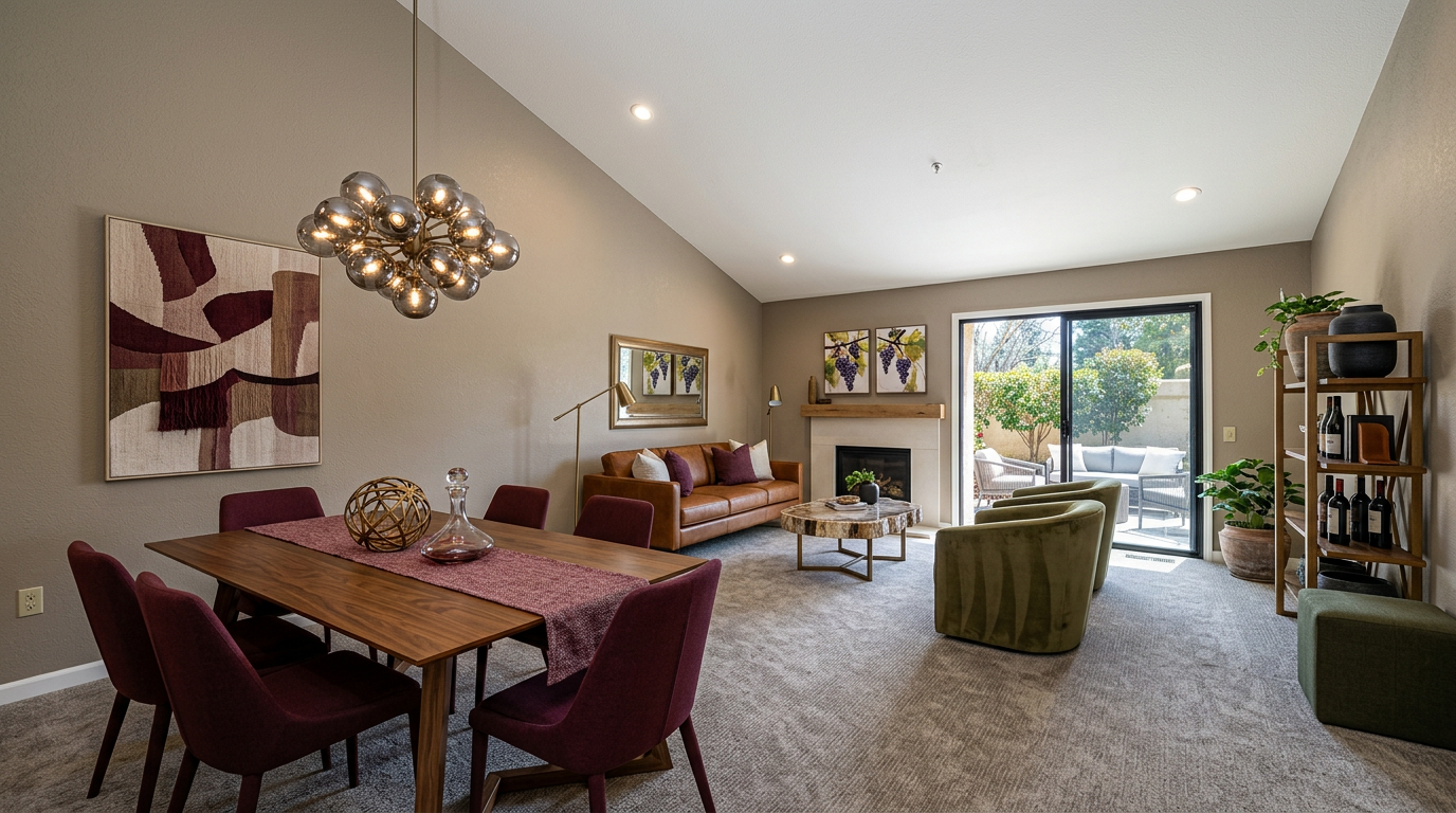 This open-concept main living area seamlessly blends a dining room and lounge, featuring a contemporary design with warm, earthy tones. Key highlights include a vaulted ceiling, a statement globe chandelier, a cozy leather sofa by the fireplace, and olive green accent chairs. The room is further enhanced by tasteful artwork and a wooden dining set, creating a sophisticated and welcoming multi-functional space.