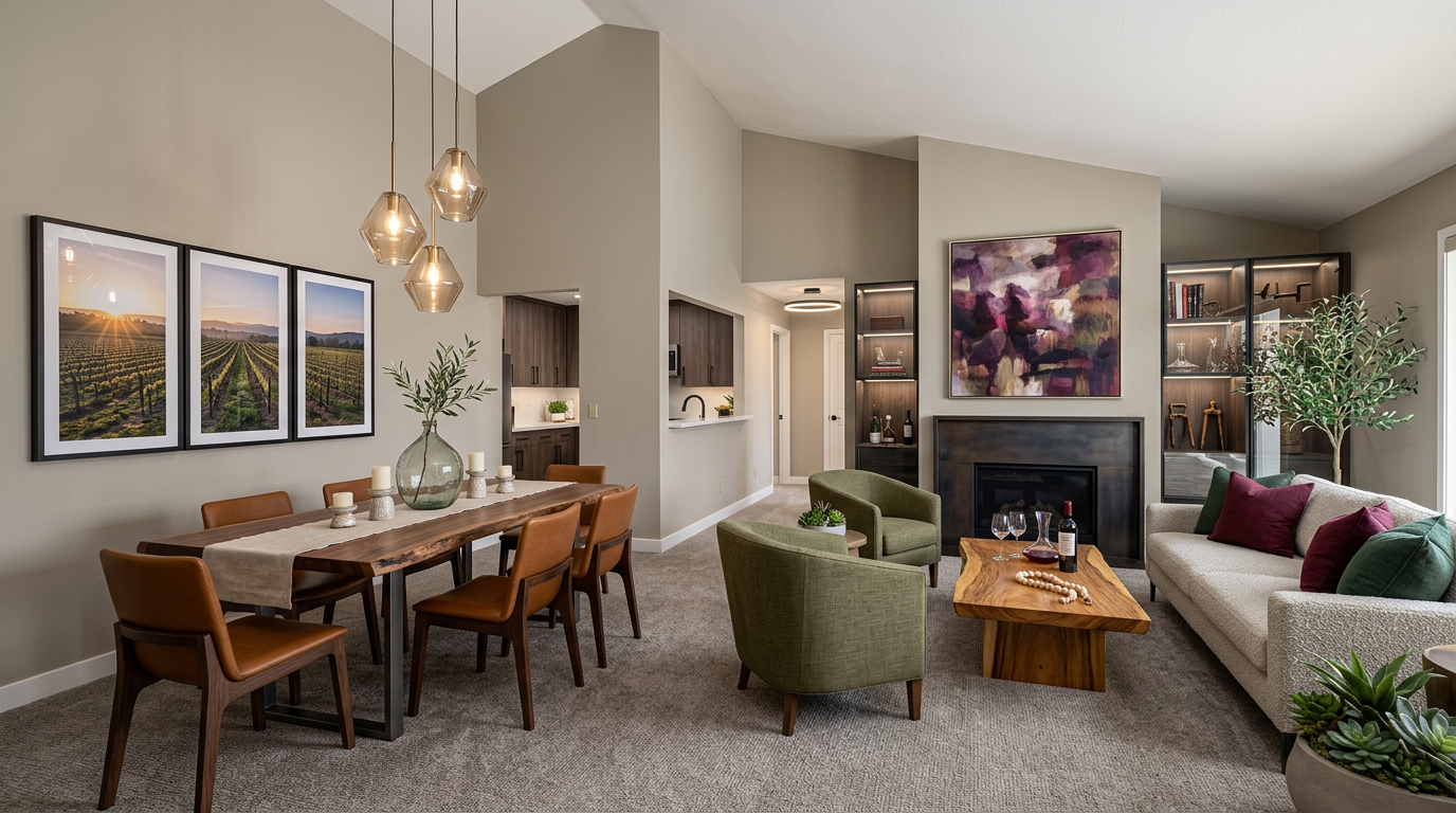 This elegant open-concept living and dining area features a warm, neutral color palette with sophisticated modern furnishings. Highlights include a custom live-edge wooden coffee table, matching dining table, green velvet armchairs, and a stylish fireplace with integrated art and display shelving. The space creates a cohesive, inviting professional aesthetic perfectly suited for sophisticated suburban living.