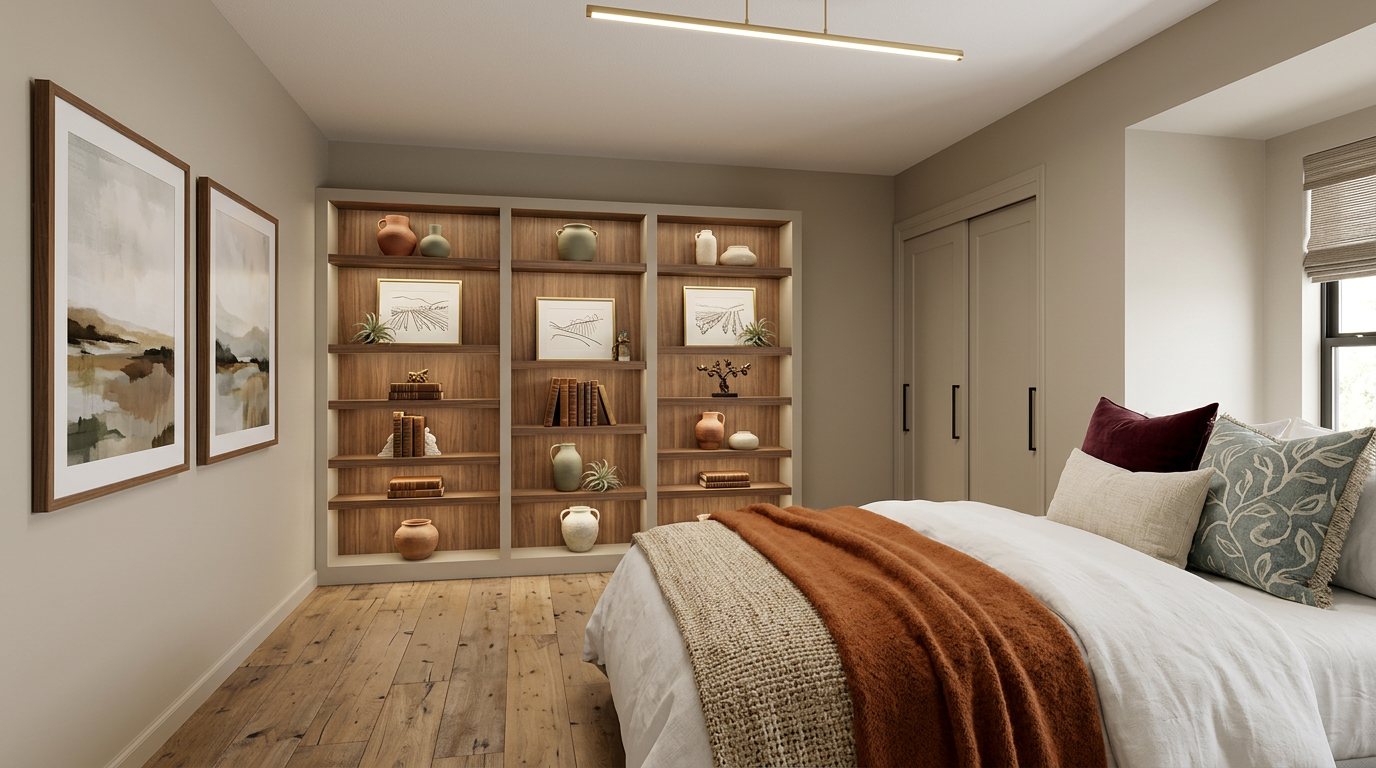 This elegantly appointed primary bedroom features warm, neutral tones, wood flooring, and a sophisticated built-in wooden shelving unit accented with curated pottery and decor. A plush bed is layered with a rich rust-colored throw and decorative pillows, complemented by framed landscape art on the wall. The space projects a calm, cohesive, and modern aesthetic perfect for a high-end residential listing.