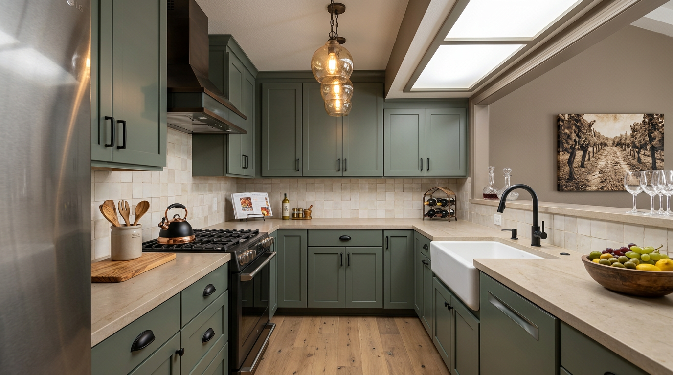 This kitchen features sage green cabinetry paired with solid surface countertops and a classic farmhouse apron-front sink. The space is well-equipped with stainless steel appliances, a tiled backsplash, and recessed lighting supplemented by stylish glass pendant lamps. The wood flooring and warm tones create an inviting, functional, and modern aesthetic perfect for a family home.