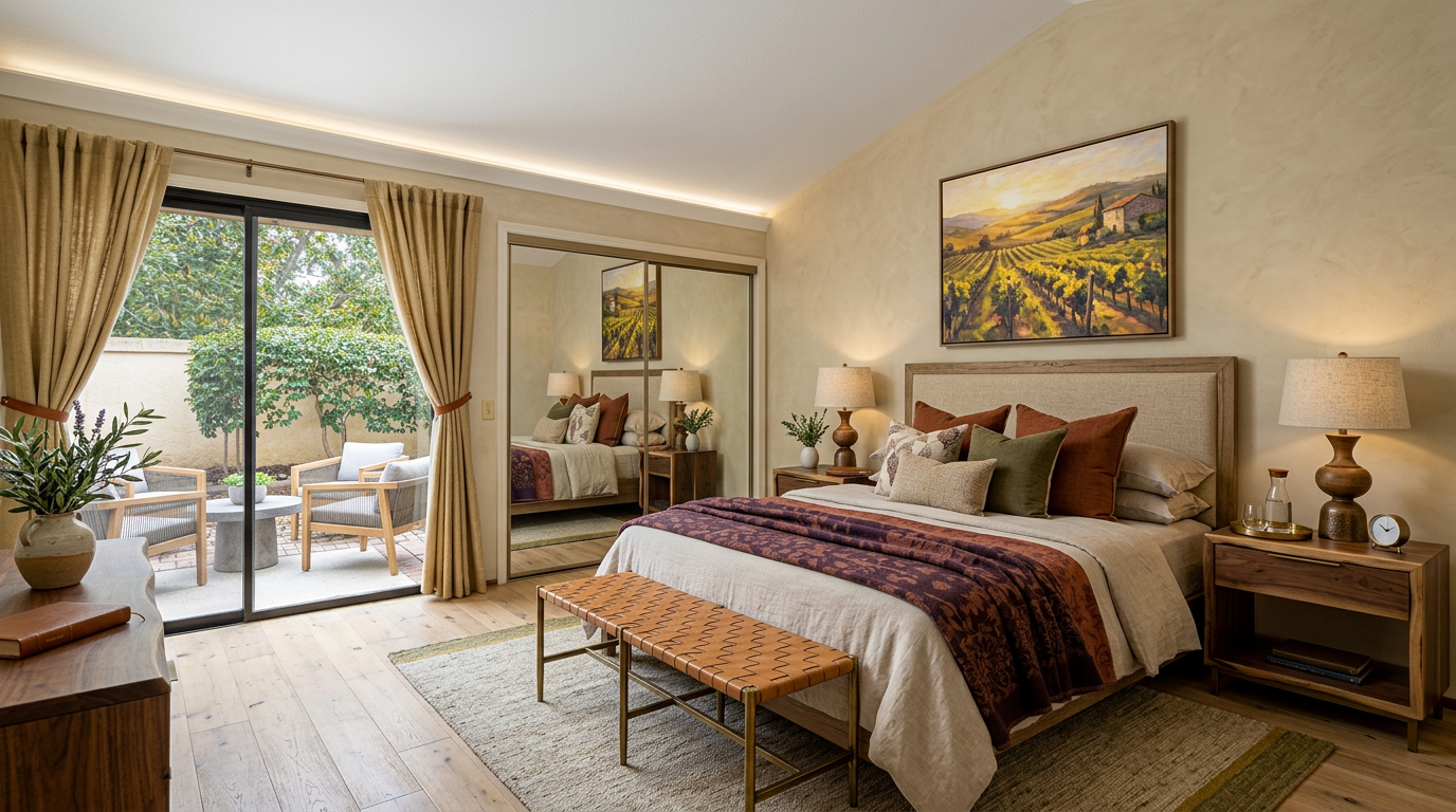 This elegant primary bedroom features a warm, earthy color palette with high-end finishes, including light hardwood floors and textured walls. The room centers on a comfortable bed layered with rich textiles, accented by a leather bench and sliding glass doors that lead to a private patio. The overall impression is serene and sophisticated, perfectly blending indoor comfort with outdoor connection.