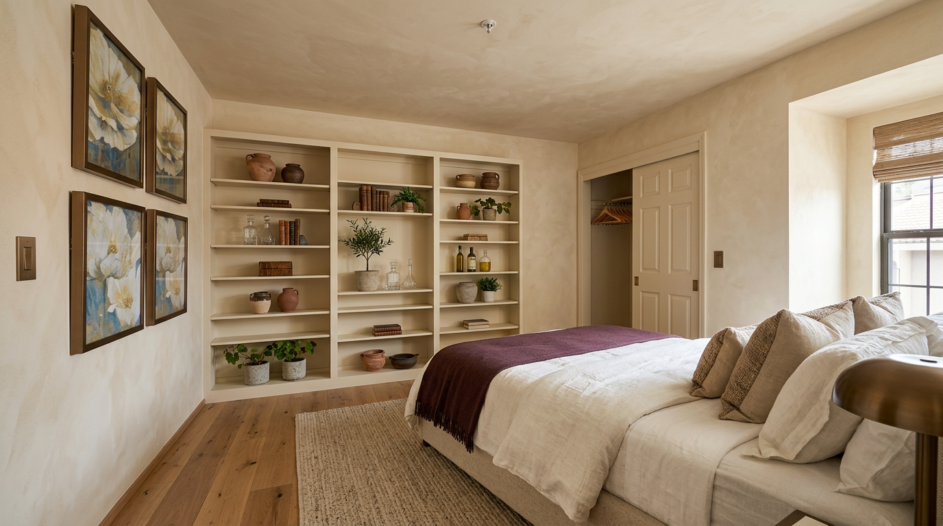 This serene primary bedroom features a warm, neutral color palette with soft plastered walls, elegant wall art, and built-in shelving that provides ample decorative storage. The space is anchored by a comfortable bed dressed in linen bedding and a deep plum throw, while natural light streams through a window with a woven shade, creating a calm and inviting atmosphere throughout.