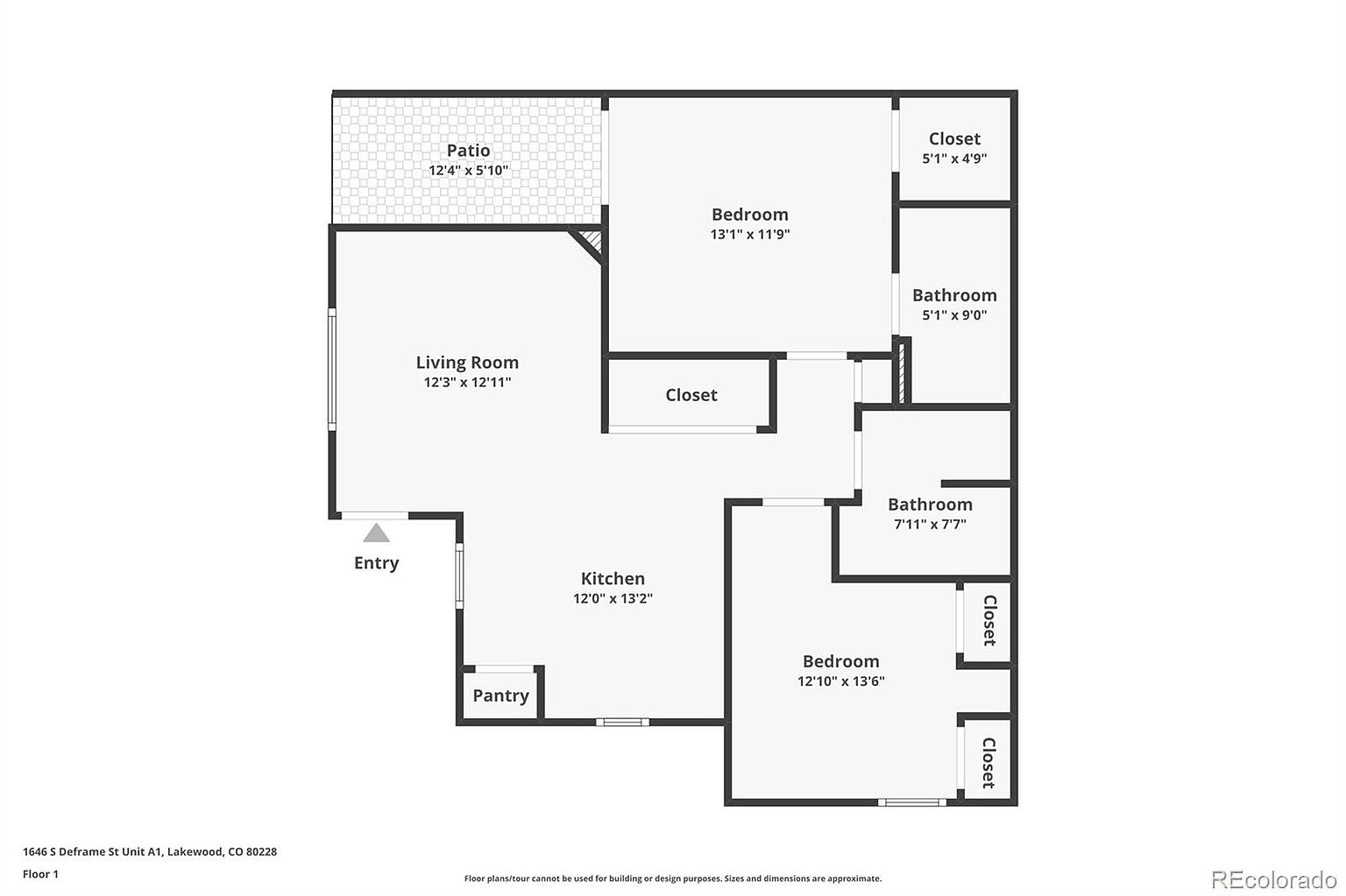 This image is a floor plan of a residential unit, showcasing the layout of rooms including the living room, kitchen, bedrooms, bathrooms, and patio. Dimensions are provided for each area, offering a clear understanding of the space's configuration. The plan also indicates the presence of closets and a pantry, providing additional storage information.