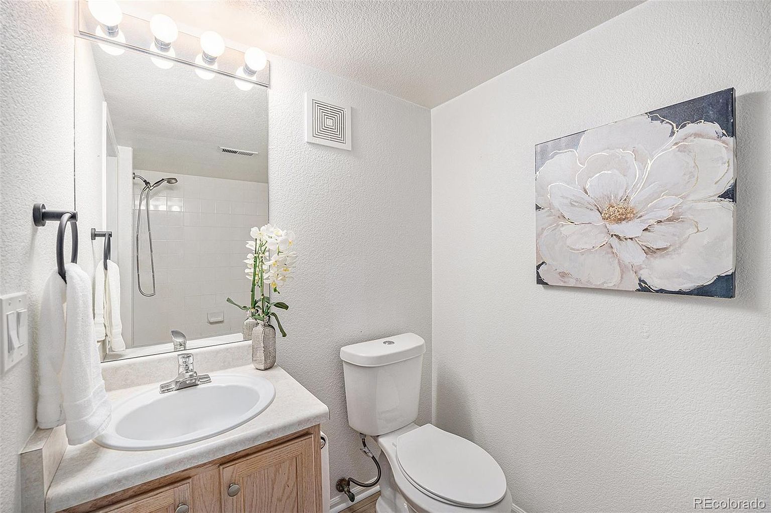 This is a well-lit bathroom featuring a single sink vanity with light wood cabinets and a white countertop. A large mirror with vanity lights hangs above the sink, reflecting the shower area. A white toilet sits next to a decorative floral painting, adding a touch of elegance to the space. The walls are painted in a neutral tone, creating a clean and inviting atmosphere.