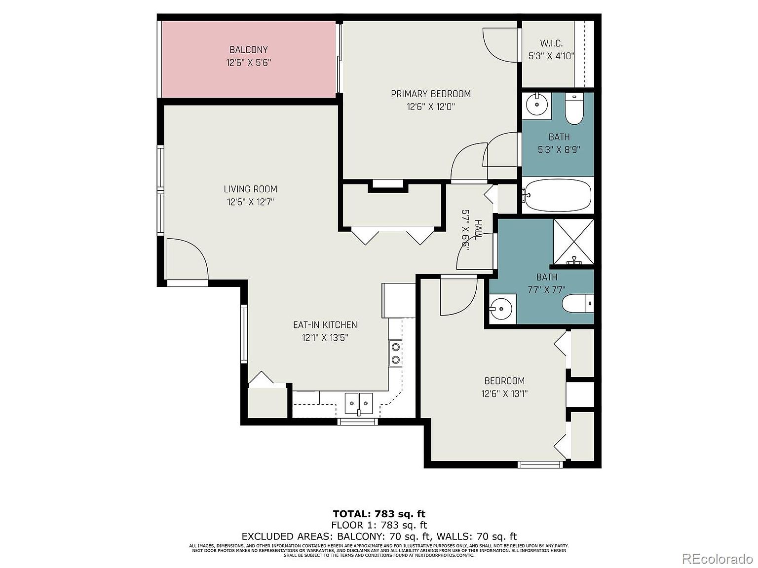 This image presents a detailed floor plan of a residential property, showcasing the layout of various rooms including a living room, primary bedroom, eat-in kitchen, and additional bedroom, along with bathrooms, a walk-in closet, and a balcony. The plan provides dimensions for each space, offering a clear understanding of the property's size and configuration, which is useful for potential buyers to visualize the space and plan furniture placement.