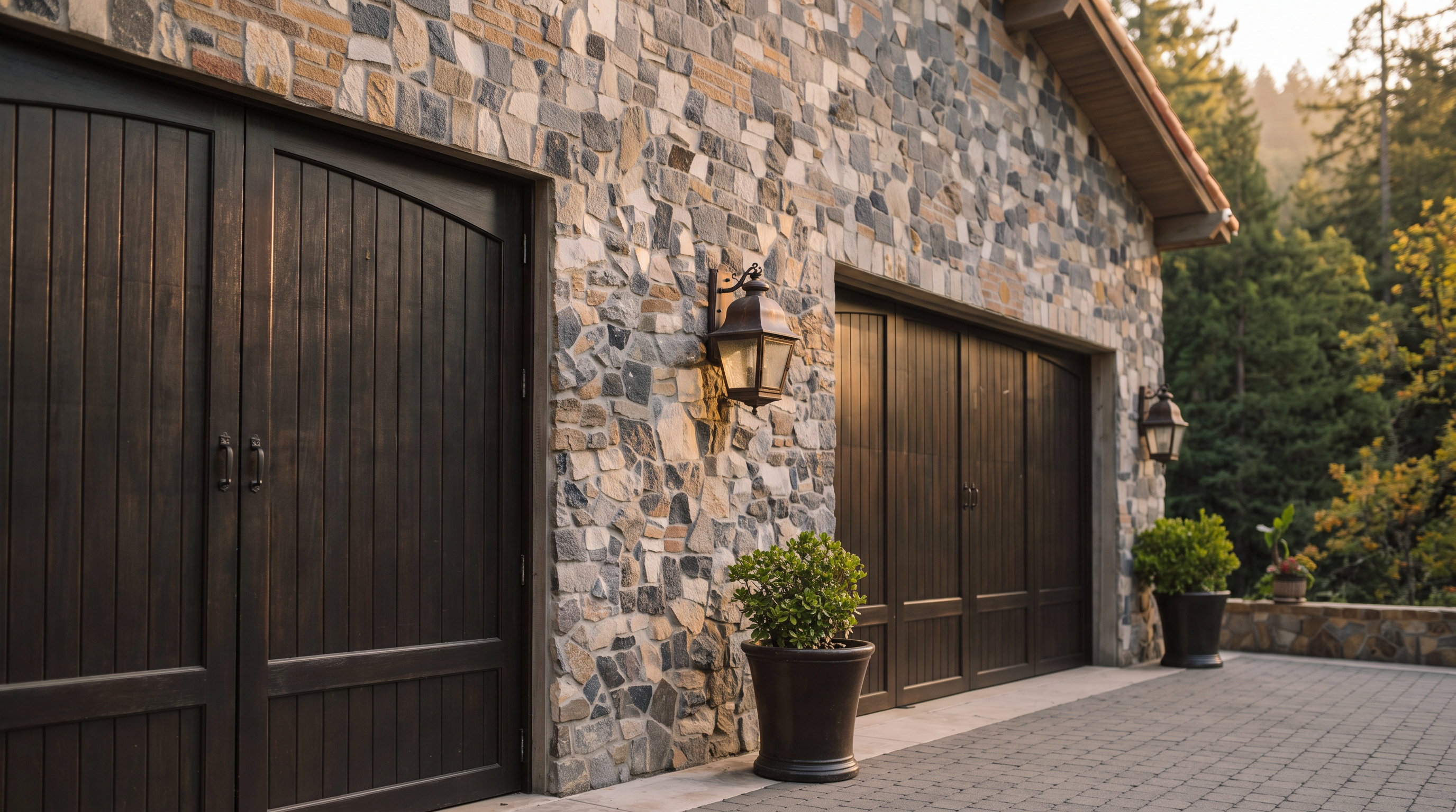 This image showcases a detached two-car garage featuring a rustic, stone-clad facade and a gabled roof with terracotta-style tiles. The structure includes two dark-stained, double-door garage entrances flanked by decorative wall-mounted lanterns and potted greenery. A paved driveway with a geometric pattern leads up to the building, set against a backdrop of lush, wooded hills under a clear blue sky.