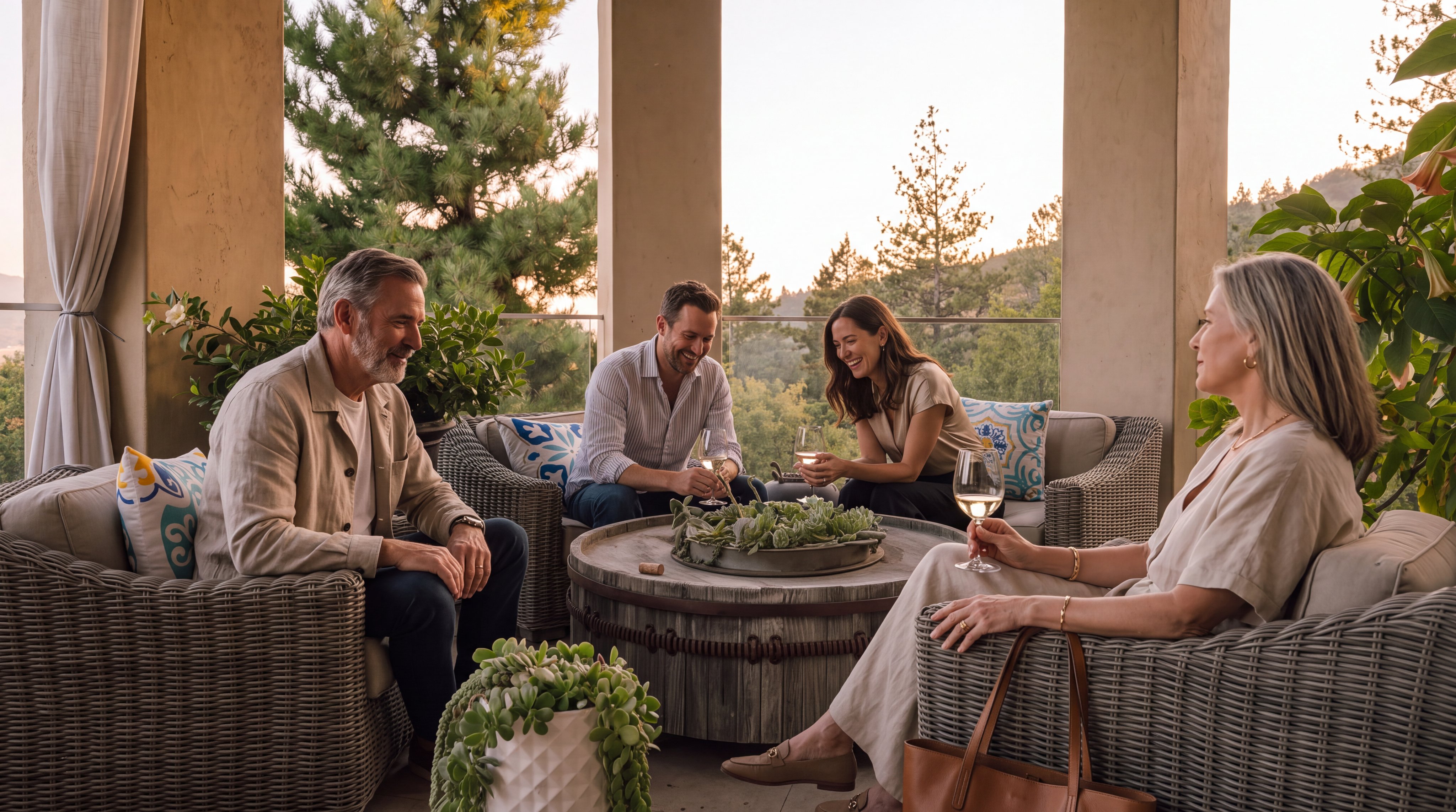 This covered, semi-circular balcony offers a serene outdoor living space with panoramic views of the surrounding hills and trees. The area is furnished with four comfortable wicker armchairs arranged around a rustic, barrel-style coffee table, creating an inviting atmosphere for relaxation. The space features a neutral stone floor, elegant white curtains, and glass railings that maximize the scenic vista.