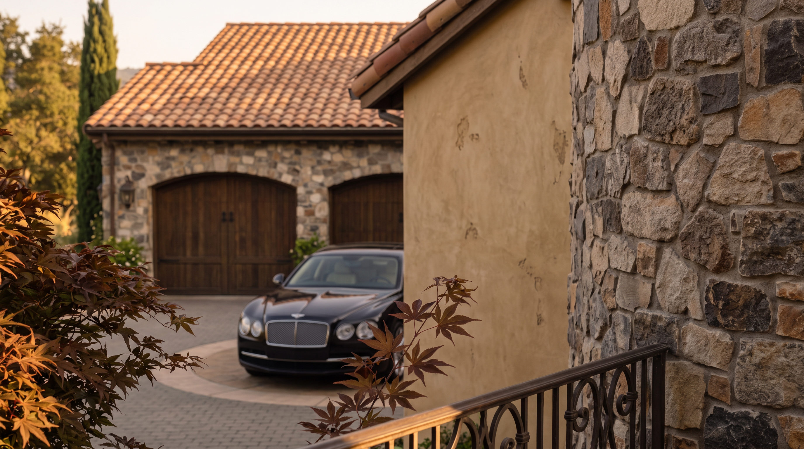 This grand Mediterranean-style estate features a prominent stone-clad turret and a warm, earth-toned stucco facade with a classic terracotta tile roof. A luxury sedan is parked on the expansive, circular paved driveway, which is framed by manicured landscaping, including a tall, slender cypress tree and mature ornamental trees. The perspective captures the impressive scale and architectural detail of the home's entrance, conveying an atmosphere of elegance and exclusivity.