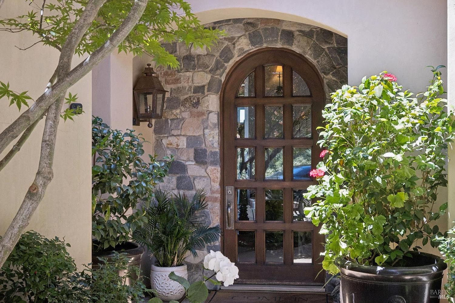 This inviting entryway features a classic arched wooden door with multiple glass panes, framed by a rustic stone surround. Lush potted plants and a small tree frame the entrance, creating a warm and welcoming atmosphere. The scene is captured from a straight-on perspective, highlighting the textured stone masonry and the elegant, traditional aesthetic of the home's facade.