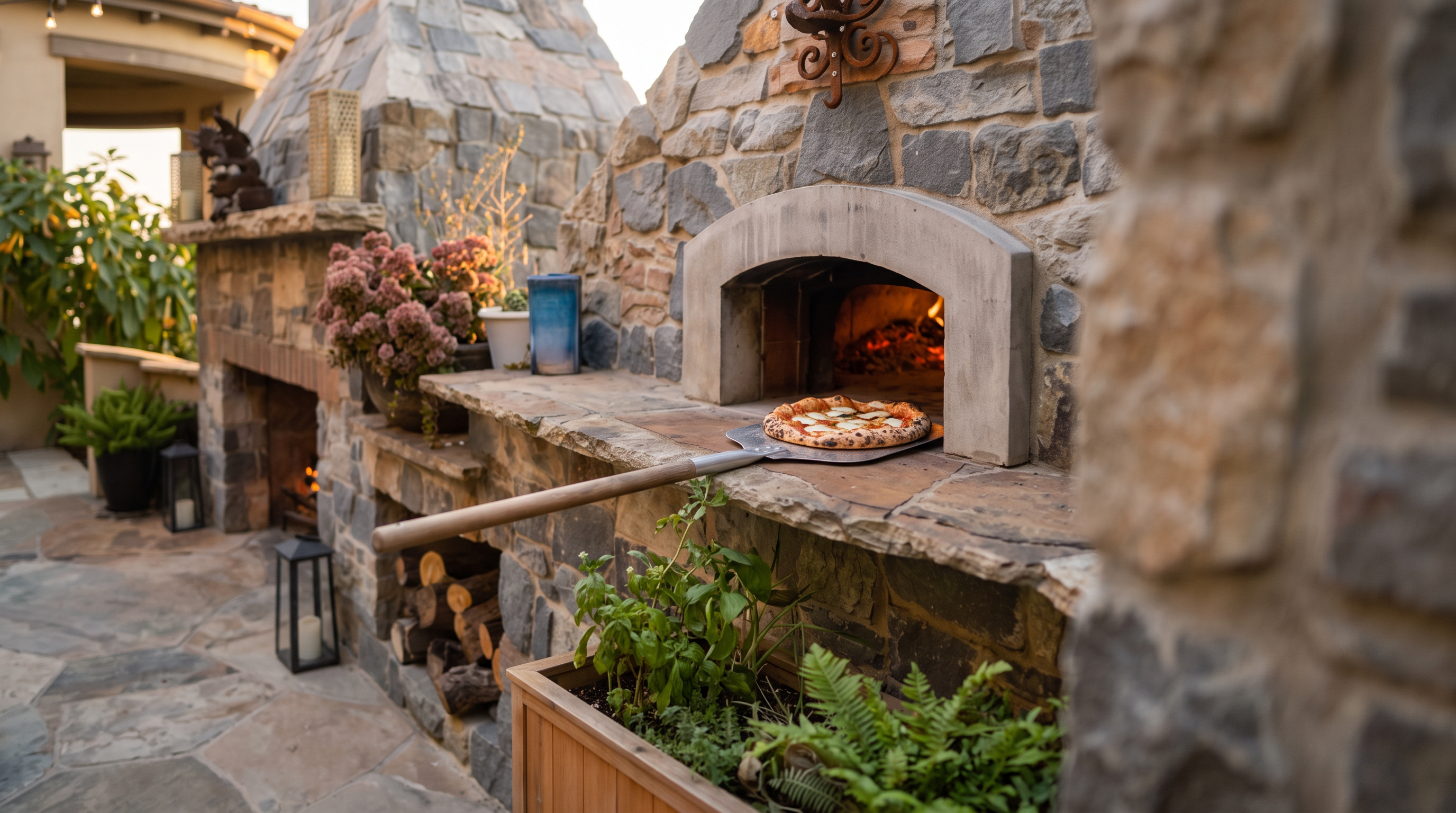 This outdoor living space features an impressive custom stone pizza oven integrated into a rugged rock fireplace, creating a rustic and luxurious entertaining area. The scene includes a wood-fired oven with a freshly baked pizza on a peel, surrounded by lush greenery and neatly stacked firewood. It evokes an inviting, high-end atmosphere perfect for al fresco dining and sophisticated outdoor gatherings.