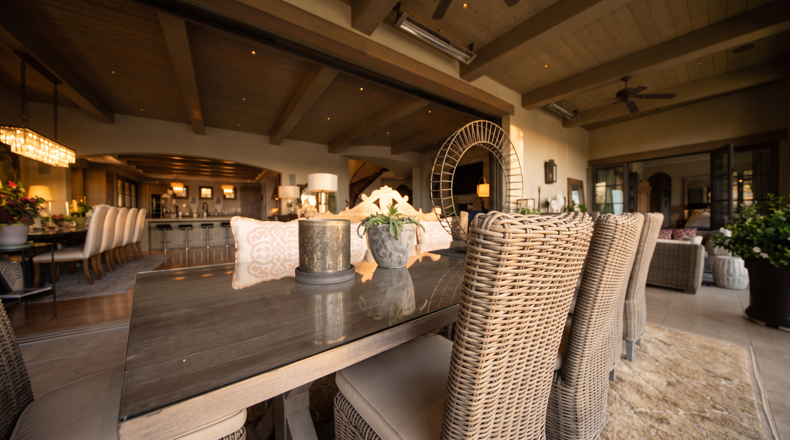 This expansive covered patio features a seamless transition to the interior living space through large retractable glass walls. The outdoor area is furnished with a dining set on a textured rug and a separate lounge area, all sheltered by a wood-paneled ceiling with integrated heaters and ceiling fans. The design emphasizes an open-concept flow, connecting the outdoor living space with the bright, spacious interior dining and kitchen areas.