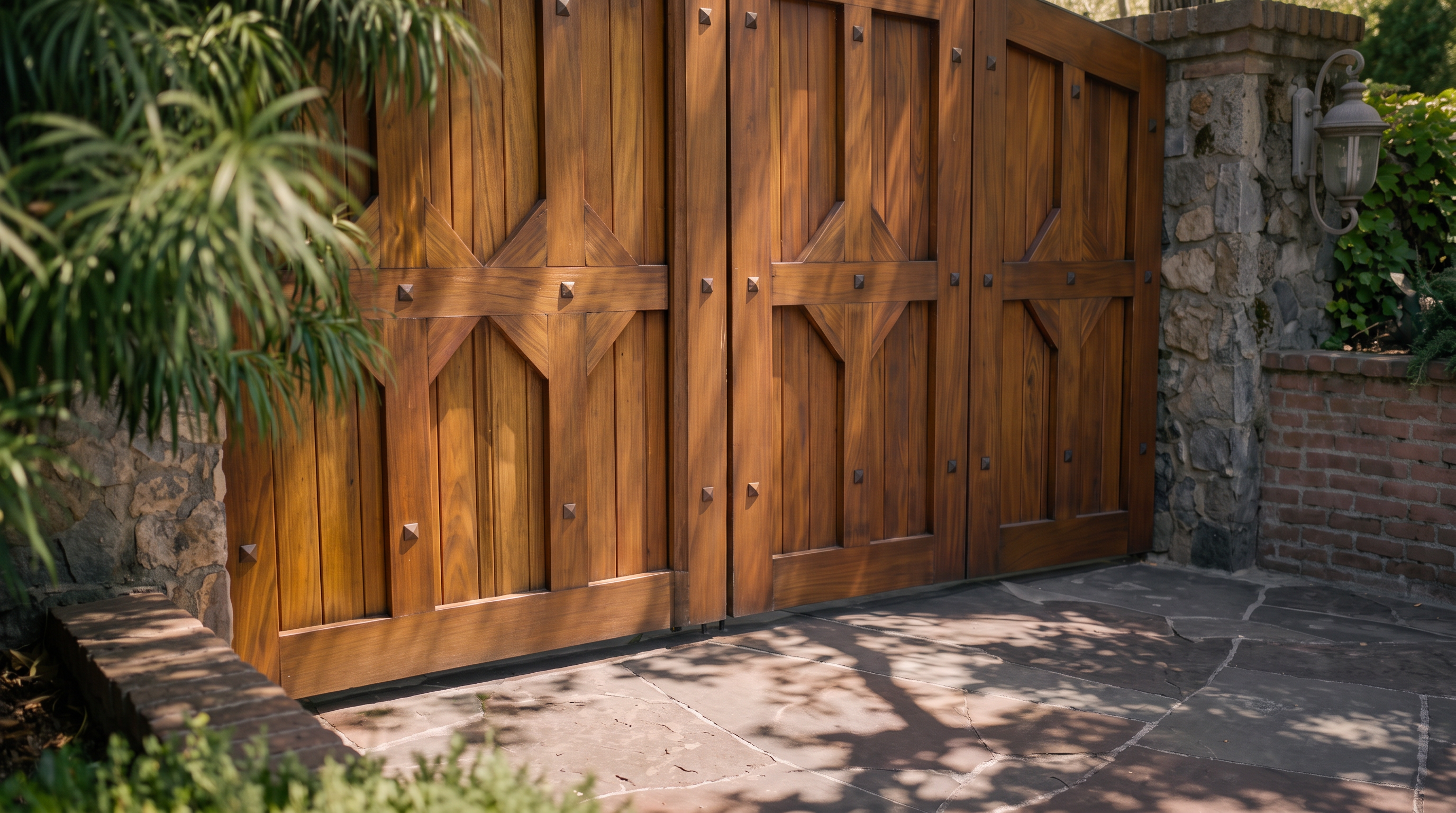 This image captures a grand, gated entrance featuring a set of heavy, custom-crafted wooden double gates with decorative metal studs. The gates are flanked by rustic stone pillars and low brick walls, set against a backdrop of mature trees and lush greenery. The foreground consists of a natural stone-paved driveway, creating an inviting and private transition into the property.
