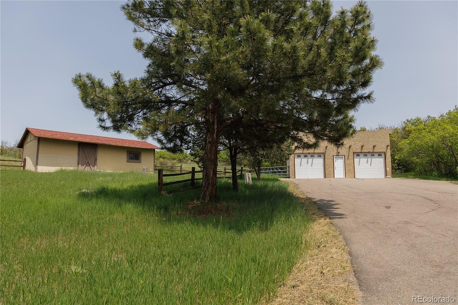 This image showcases the front view of a property featuring a well-maintained lawn, a large tree in the foreground, and two distinct buildings. One building appears to be a garage with multiple white doors, while the other is a smaller structure with a red roof. The scene is bathed in natural light, creating a welcoming and serene atmosphere.
