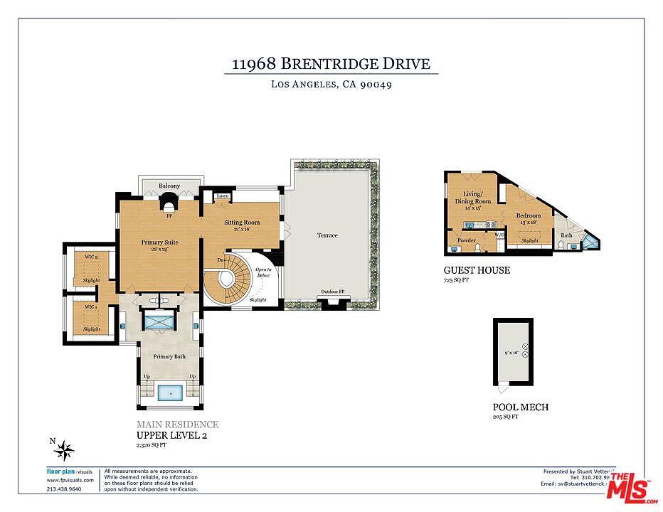 This image displays a detailed architectural floor plan for the upper level of a main residence, a guest house, and a pool mechanical room. The layout includes a primary suite with dual walk-in closets, a sitting room, and a terrace with an outdoor fireplace, alongside a separate guest house featuring a living/dining area and bedroom. The schematic provides a clear, top-down technical overview of the property's spatial organization and room dimensions.