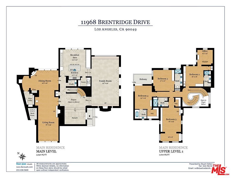 This image displays a detailed architectural floor plan for a residence located at 11968 Brentridge Drive in Los Angeles. The layout is divided into a main level featuring a living room, dining room, kitchen, breakfast area, and family room, and an upper level containing five bedrooms, an office, and multiple bathrooms. The diagram provides a comprehensive overview of the home's spatial organization, including room dimensions, entry points, and structural features like staircases and balconies.