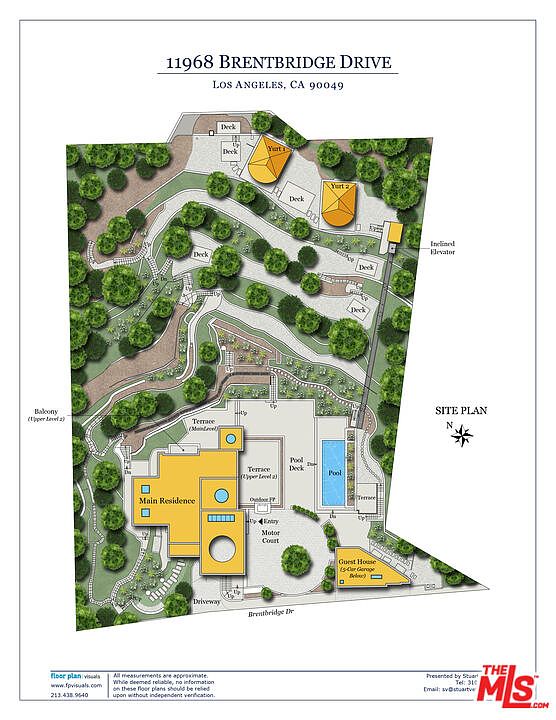 This image is a detailed site plan for 11968 Brentbridge Drive in Los Angeles, illustrating the layout of the property from an overhead perspective. The plan highlights the main residence, a guest house with a garage, a swimming pool, and two yurts situated on the upper portion of the sloped lot. Winding pathways, decks, and an inclined elevator are clearly marked, showcasing the extensive landscaping and terraced design of the estate.