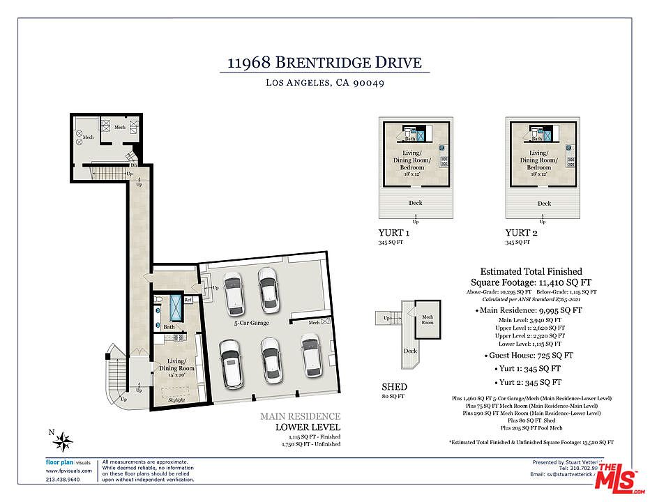 This image is a detailed architectural floor plan for a property located at 11968 Brentridge Drive in Los Angeles. It illustrates the layout of the main residence's lower level, including a five-car garage, as well as the floor plans for two separate yurt structures and a shed. The document provides comprehensive square footage breakdowns for each area, offering a clear overview of the property's total finished and unfinished space.
