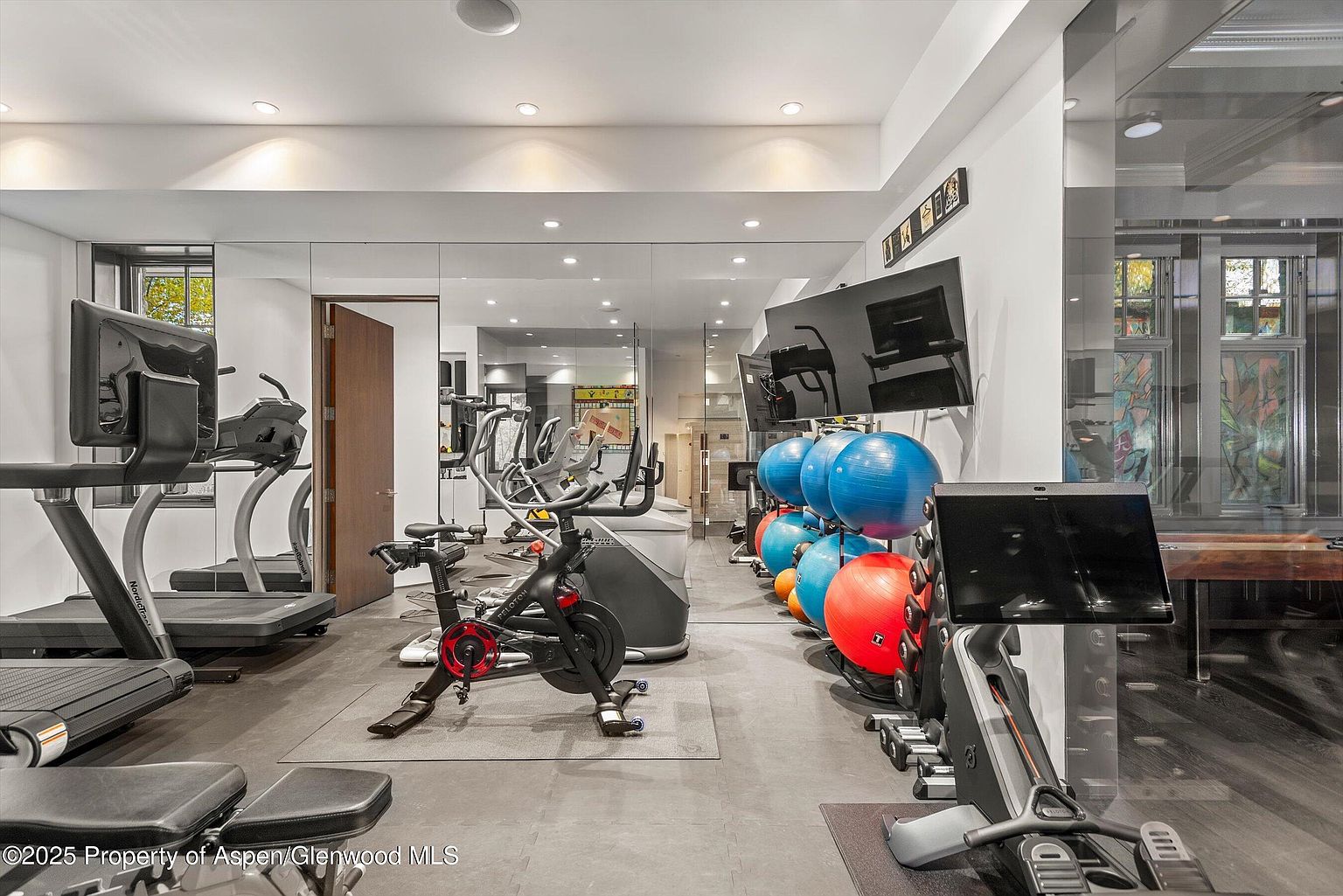 This is an interior shot of a well-equipped home gym. The room features various exercise machines, including treadmills, stationary bikes, and rowing machines, along with exercise balls. The space is brightly lit with recessed lighting and has a mirrored wall, creating a spacious and motivating environment for workouts.