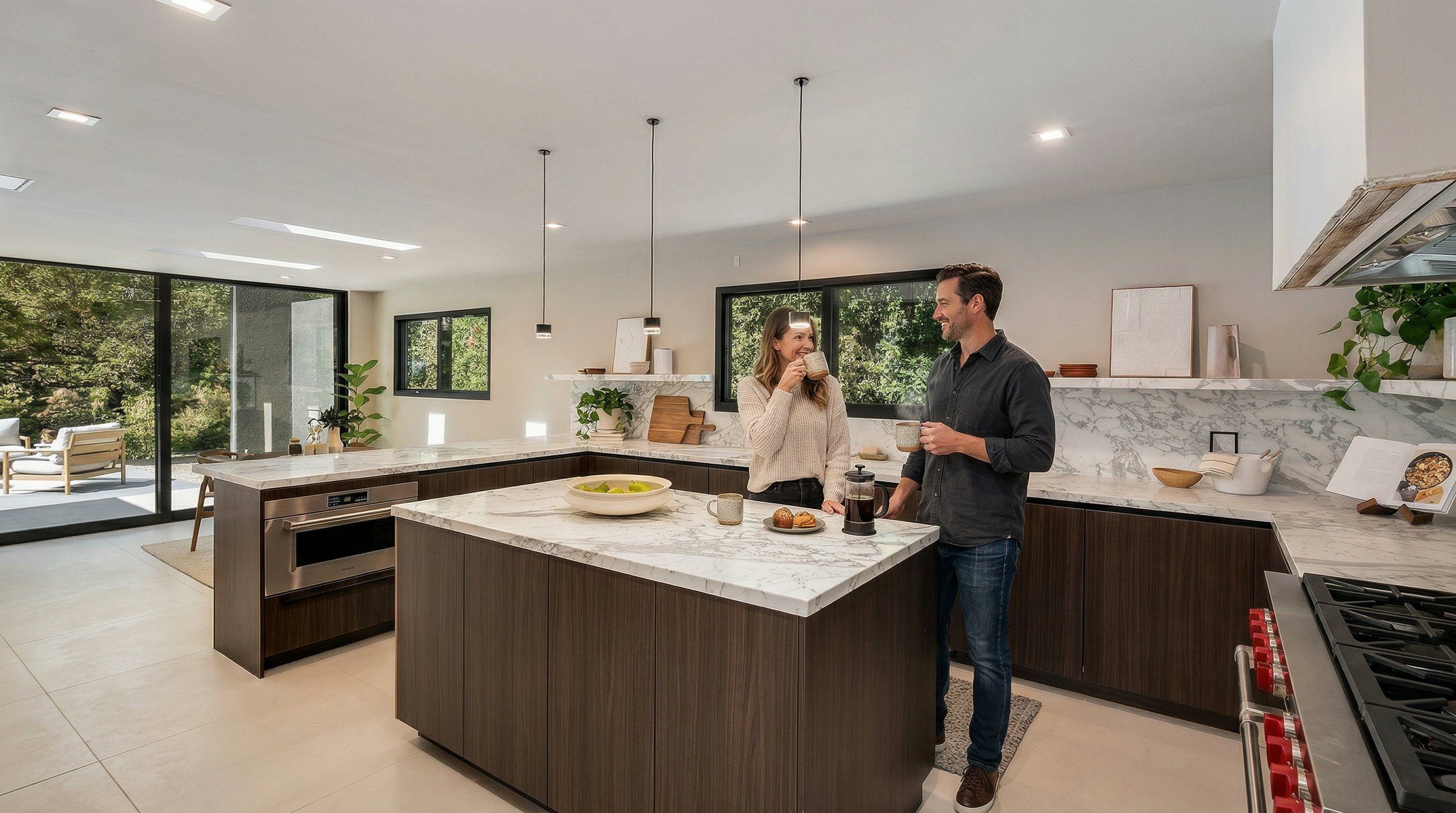 This sleek, modern kitchen features high-end finishes including dark wood cabinetry, striking marble countertops with a waterfall edge on the island, and professional-grade appliances. Light-filled through large sliding glass doors, the space feels open and inviting, perfect for entertaining. The thoughtful design seamlessly connects the indoor living area with an outdoor patio view.