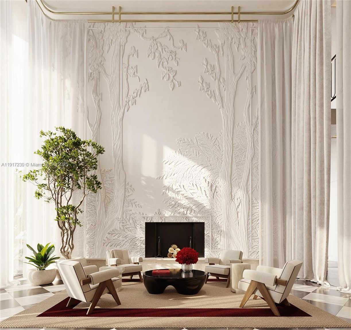 This elegant living room features a dramatic, sculptural wall relief depicting a forest scene that serves as a focal point behind the fireplace. The space is furnished with four light-toned armchairs arranged around a dark, organic-shaped coffee table, all set upon a large area rug. Tall, sheer curtains frame the room, enhancing the airy atmosphere, while a potted tree adds a touch of natural greenery to the sophisticated, neutral-toned interior.