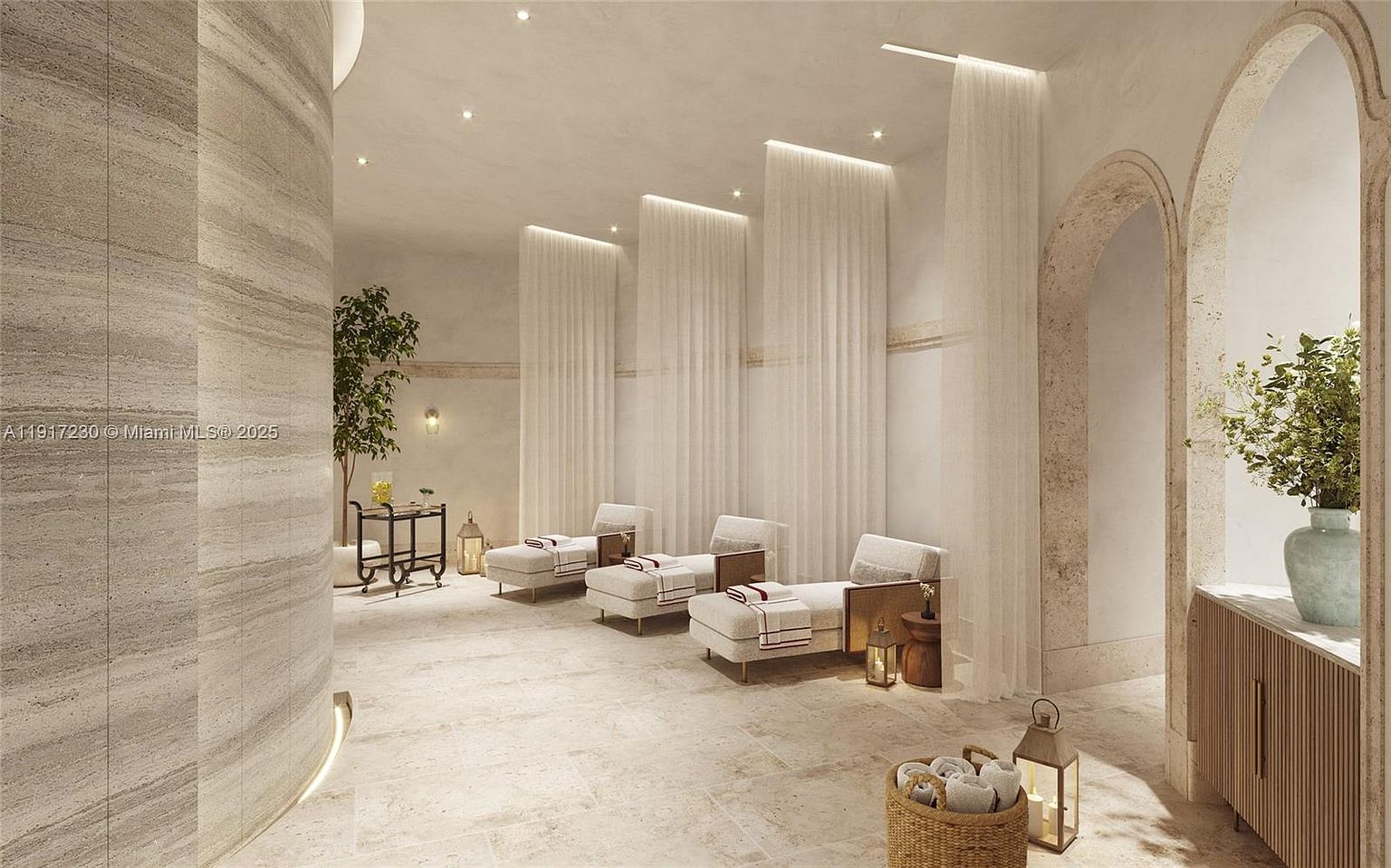 This serene spa relaxation lounge features a neutral, monochromatic color palette with soft, ambient lighting and elegant stone textures. Three plush lounge chairs are arranged in a row, each draped with a towel, positioned beneath sheer, floor-to-ceiling curtains that create a sense of privacy and calm. The space is accented by a potted tree, a decorative metal cart, and lanterns, evoking a high-end, tranquil atmosphere suitable for a luxury residential amenity.