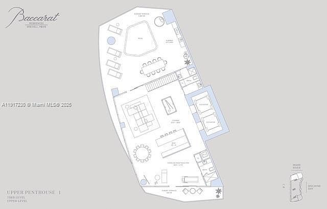 This image is a detailed architectural floor plan for an upper penthouse unit at Baccarat Residences. The layout features an expansive open-concept living and dining area, a private terrace with a pool, and multiple seating areas. The schematic provides a top-down view of the unit's spatial organization, including the placement of furniture, stairs, and outdoor amenities.