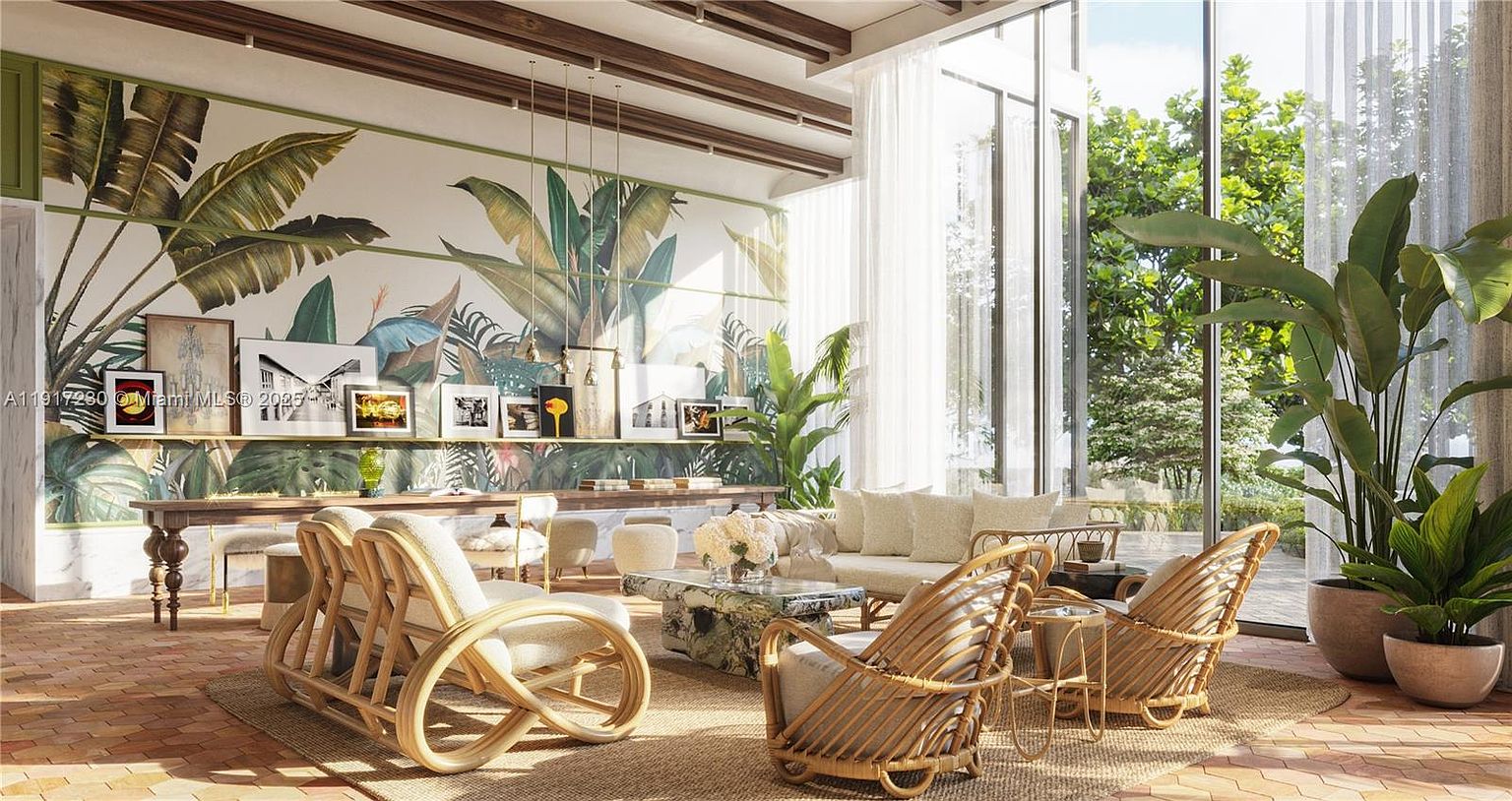 This sophisticated living room features a striking botanical-themed mural as a backdrop, complemented by natural light streaming through expansive floor-to-ceiling windows. The space is furnished with curved rattan armchairs and a plush sofa arranged around a low stone coffee table, all set upon a textured area rug. The room exudes a tropical, airy elegance with its high ceilings, exposed wood beams, and seamless transition to the lush outdoor greenery.