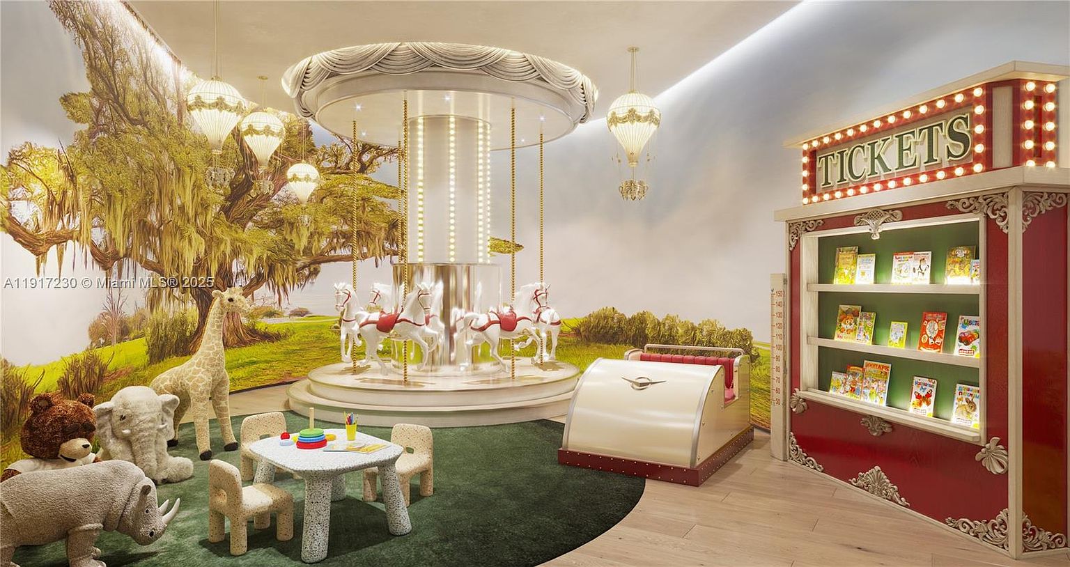 This whimsical children's playroom features a central carousel ride surrounded by a mural of a sunlit forest. To the right, a ticket booth-style shelving unit displays books, while a small table and chairs provide a dedicated play area for children. The room is accented by plush animal figures and elegant pendant lighting, creating a playful and imaginative atmosphere.