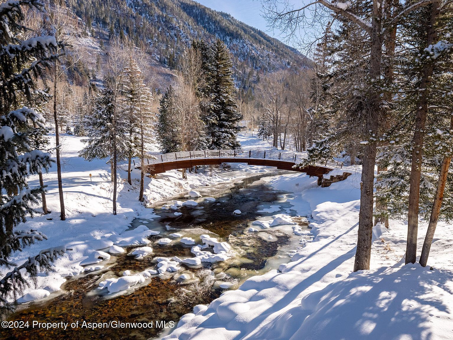 The image showcases a serene winter landscape with a snow-covered yard and a partially frozen stream. A wooden bridge gracefully spans the stream, connecting the snowy banks. Tall evergreen and bare deciduous trees frame the scene, with a mountain visible in the background, creating a picturesque and tranquil setting.