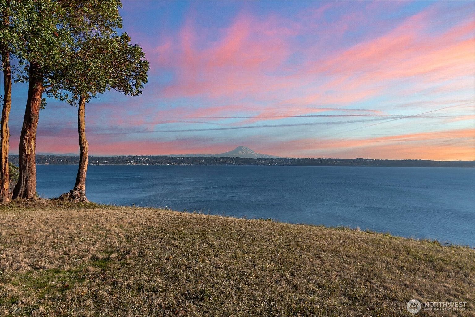 This scenic outdoor space features a grassy, sloping lawn that overlooks a vast body of water with a prominent snow-capped mountain in the distance. Two mature trees frame the left side of the composition, while the sky is filled with vibrant pink and orange hues from a sunset. The perspective is wide and elevated, capturing the expansive natural beauty and serene atmosphere of the property's surroundings.