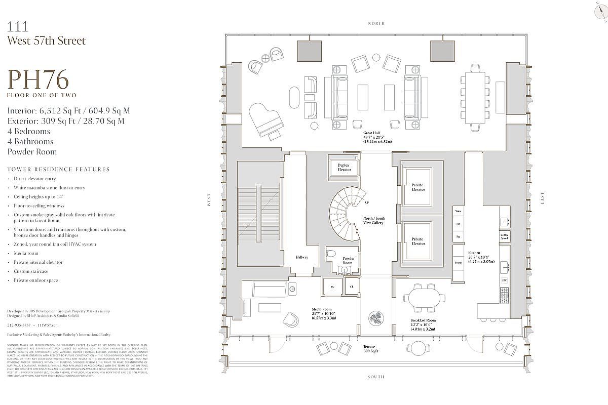This image is a detailed architectural floor plan for PH76 at 111 West 57th Street, showcasing the layout of the first of two floors. The plan highlights a spacious Great Hall, a media room, a kitchen, a breakfast room, and a private terrace, all connected by a central staircase and elevator system. The layout emphasizes a luxurious, open-concept design with high-end features like a private internal elevator and expansive views.