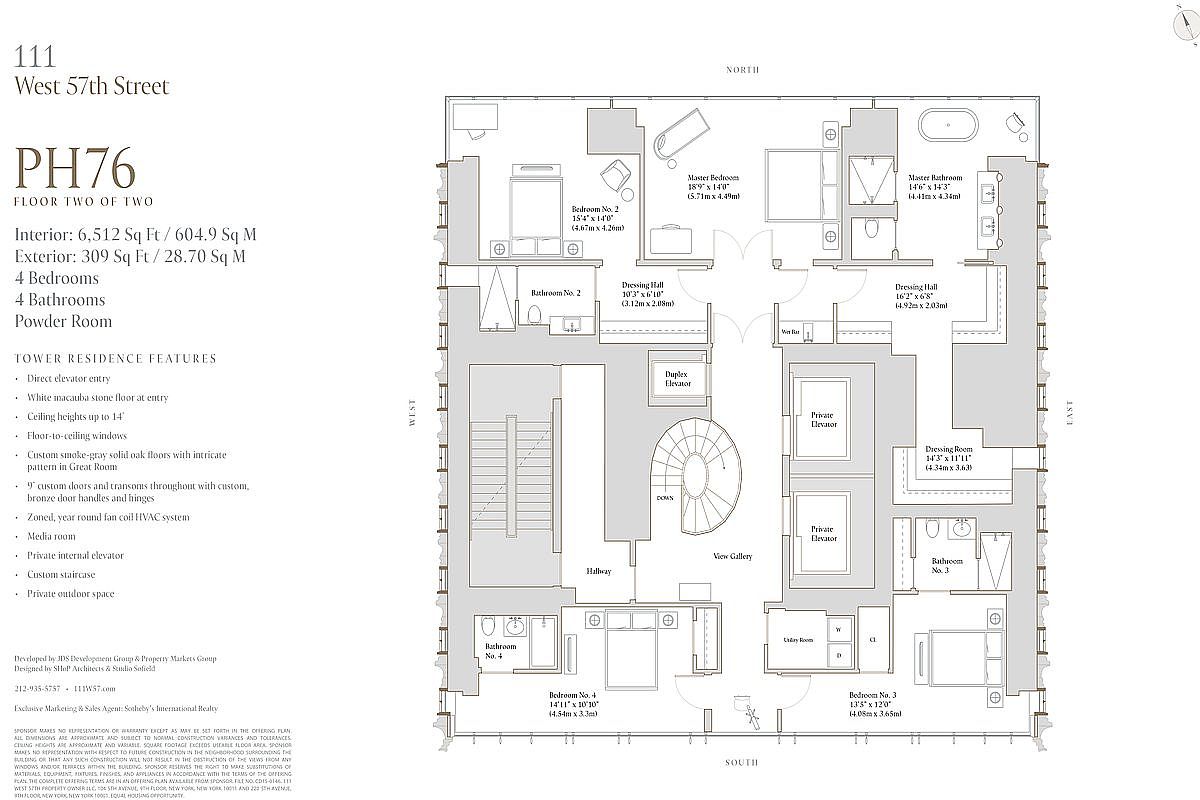 This image is a detailed architectural floor plan for the second level of a luxury penthouse residence at 111 West 57th Street. The layout features four bedrooms, four bathrooms, multiple dressing halls, and a private internal elevator, all centered around a grand staircase and view gallery. The schematic provides precise dimensions for each room, showcasing a sophisticated and spacious design intended for high-end urban living.