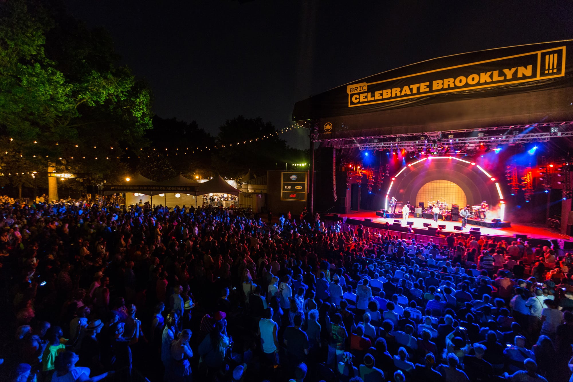 This image captures a lively outdoor concert at a 'Celebrate Brooklyn' event. A large crowd faces a brightly lit stage, suggesting a desirable and engaging community atmosphere. The event setting could be highlighted as a perk for potential residents in a real estate listing, particularly those seeking an active and sociable lifestyle.