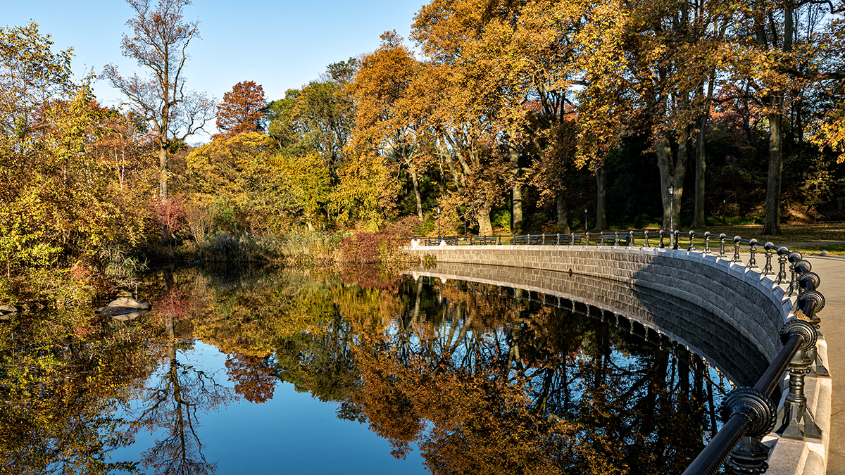 This image showcases a serene park scene with a tranquil pond reflecting vibrant autumn foliage. A curved stone wall with decorative railings defines the edge of the water, creating a visually appealing and peaceful amenity. The scene evokes a sense of natural beauty and offers a potential recreational area within the community.