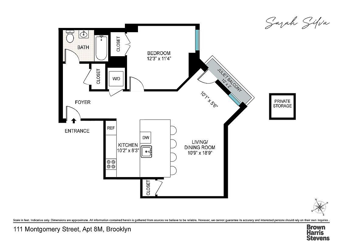 This image showcases a detailed floor plan of an apartment, highlighting the layout of rooms including the bedroom, living/dining room, kitchen, bathroom, and foyer. Dimensions are provided for each area, and features like closets, a Juliet balcony, and private storage are clearly marked. The floor plan provides a comprehensive overview of the apartment's spatial arrangement.