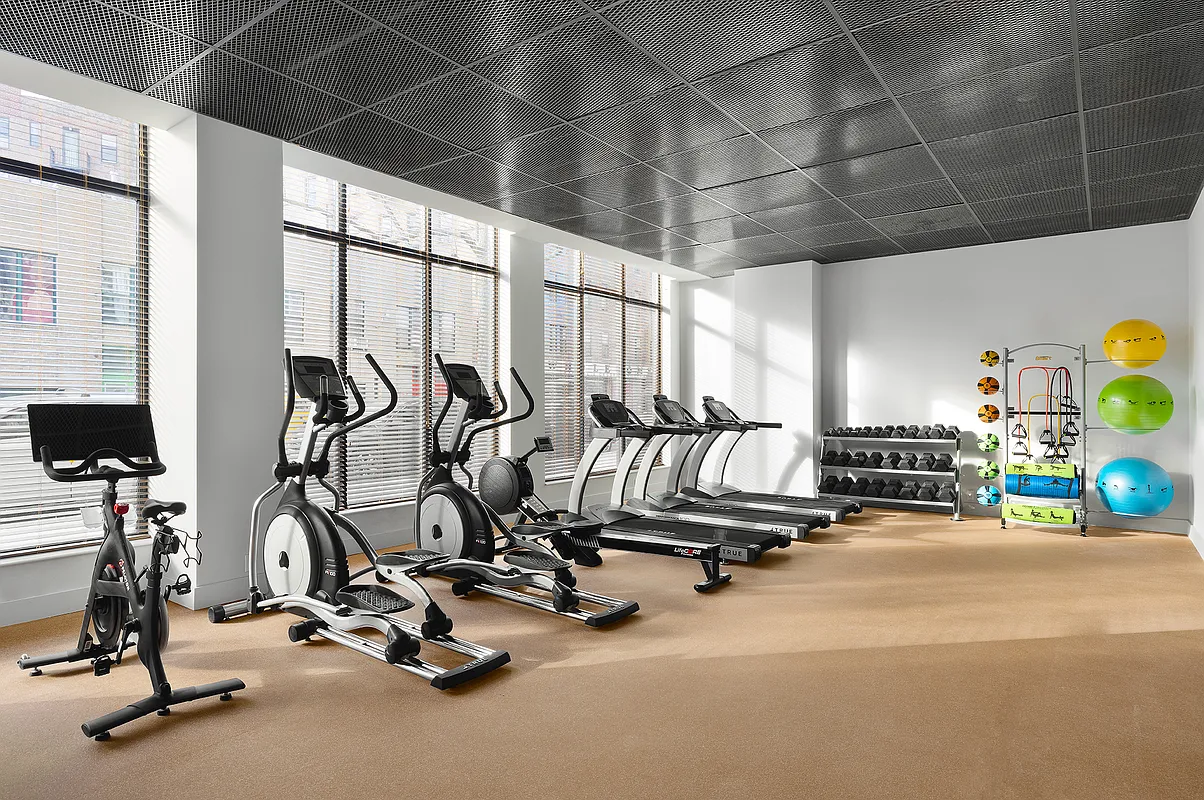 This well-equipped home gym features several cardio machines, including treadmills, elliptical trainers, and a stationary bike. A weight rack with dumbbells and a stand with exercise balls add to the fitness options. The room is bright and spacious, with large windows providing natural light, making it an appealing space for exercise.