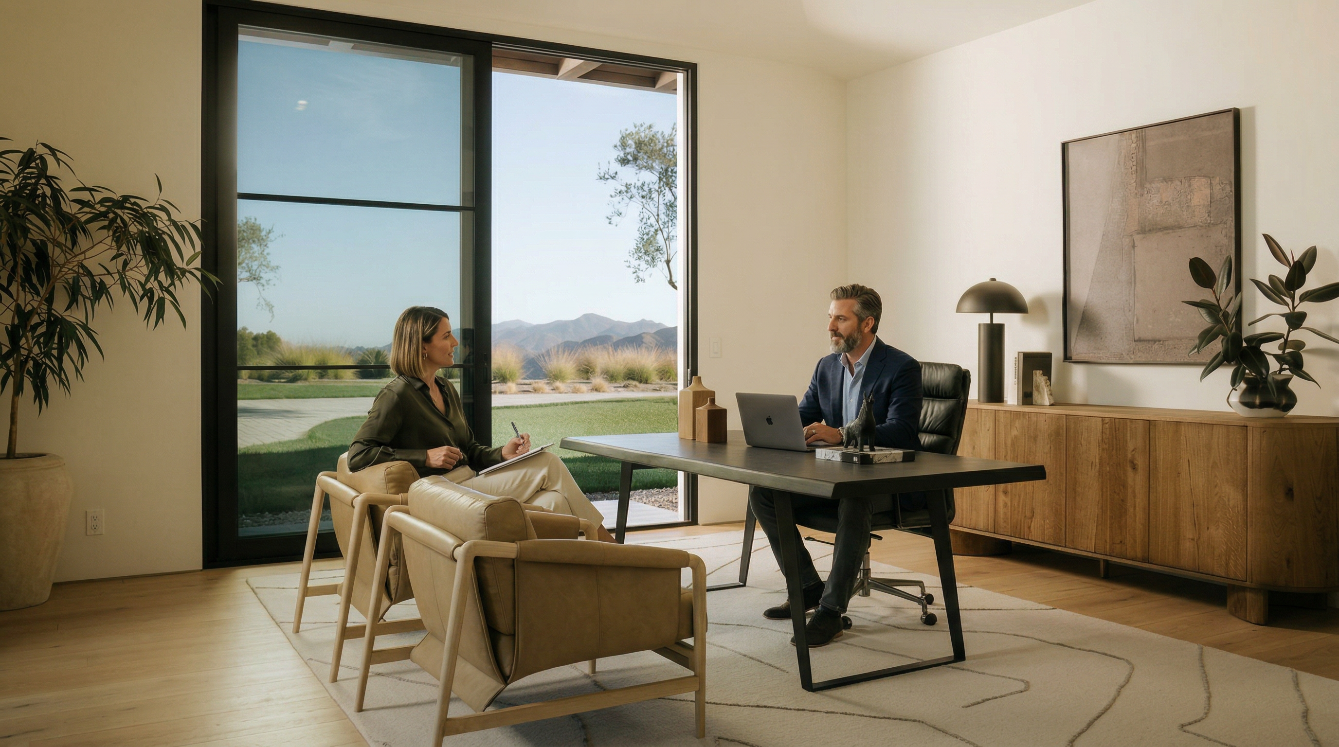 This sophisticated home office features a minimalist design with a sleek dark wood desk, a black leather executive chair, and two tan leather guest chairs. A large sliding glass door provides an expansive, unobstructed view of the rolling hills and manicured landscape outside, bathing the room in natural light. The space is accented by a warm wooden credenza, abstract wall art, and a potted plant, creating a professional yet serene atmosphere.