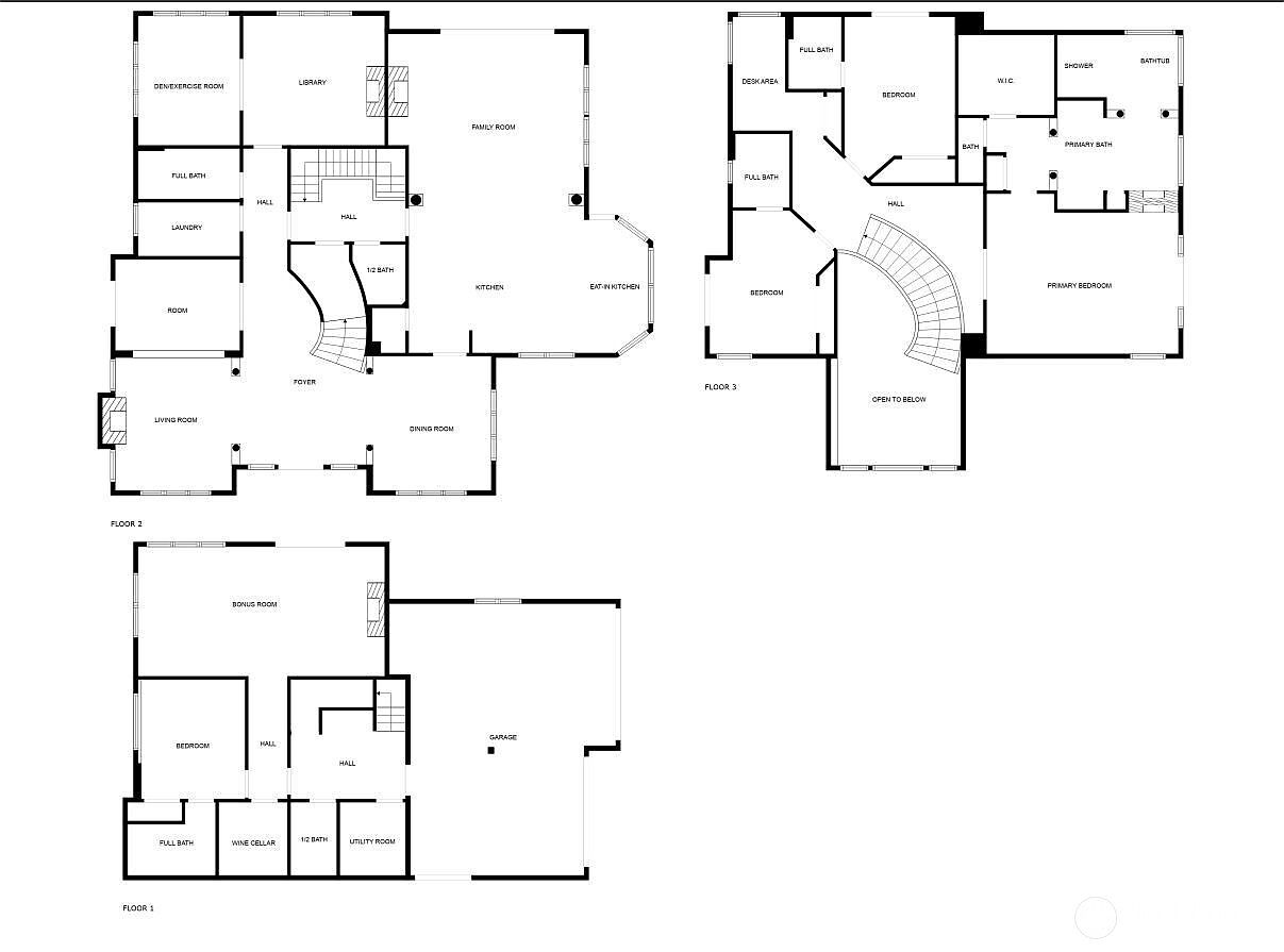 This image showcases a detailed floor plan of a multi-story house, including floor 1, floor 2, and floor 3. The layout includes various rooms such as bedrooms, bathrooms, a living room, dining room, kitchen, family room, library, bonus room, wine cellar, and a garage. The floor plan provides a comprehensive overview of the property's spatial arrangement and room dimensions.