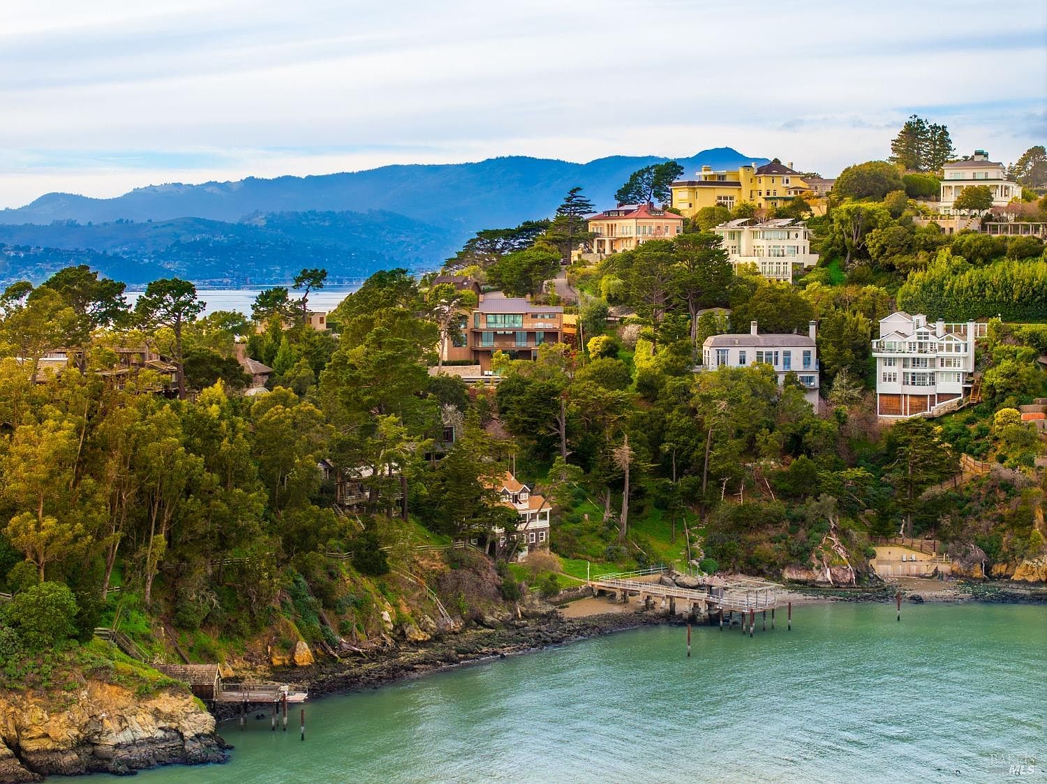 This elevated, wide-angle view captures a picturesque coastal hillside dotted with multi-level luxury residences nestled among dense, mature trees. The scene features a rugged shoreline with private wooden docks extending into the calm, turquoise bay, set against a backdrop of rolling mountains under a soft, overcast sky. The composition emphasizes the secluded, high-end nature of the property, showcasing the seamless integration of architecture with the natural landscape.