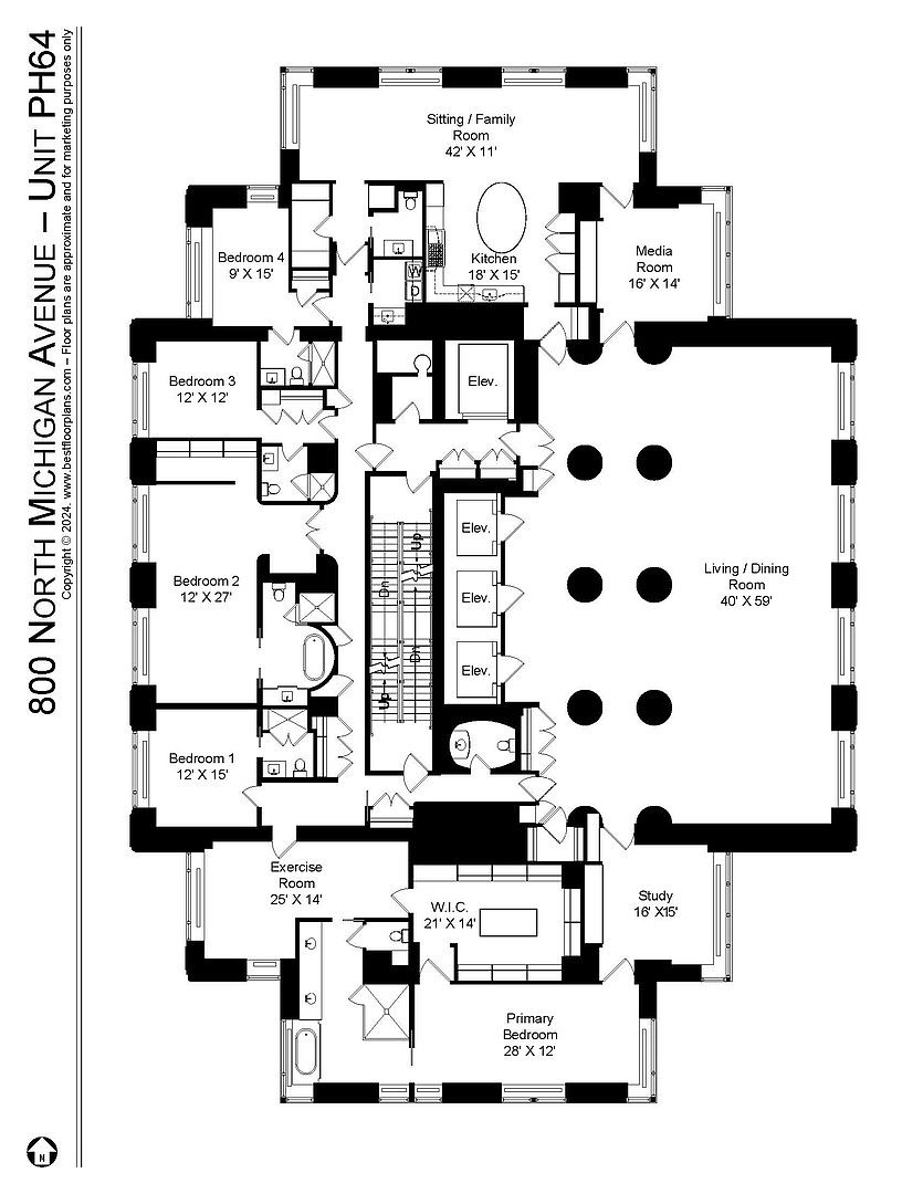 This image showcases a detailed floor plan of a penthouse unit, labeled PH64, located at 800 North Michigan Avenue. The layout includes multiple bedrooms, bathrooms, a living/dining room, kitchen, media room, study, exercise room, and walk-in closet, along with elevator access. The floor plan provides a comprehensive view of the unit's spatial arrangement and dimensions.