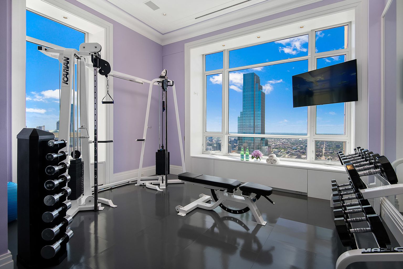This is a well-equipped home gym featuring a weight machine, dumbbell racks, and an adjustable bench. The room has large windows offering a city view, a wall-mounted television, and a sleek, modern design with a dark floor and light purple walls. The perspective is from the corner of the room, showcasing the equipment and the view.