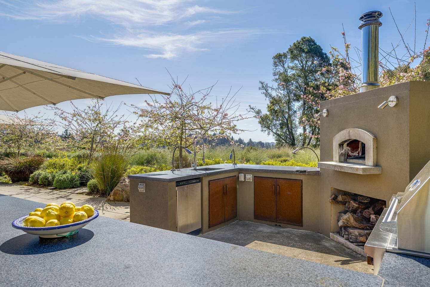 This outdoor kitchen area features a stone-topped counter with a built-in sink, dishwasher, and storage cabinets, complemented by a rustic wood-fired pizza oven. The space is set against a backdrop of lush, blooming gardens and rolling hills, creating an inviting atmosphere for al fresco dining and entertaining. The perspective captures the functional workspace in the foreground, seamlessly blending with the serene natural landscape beyond.