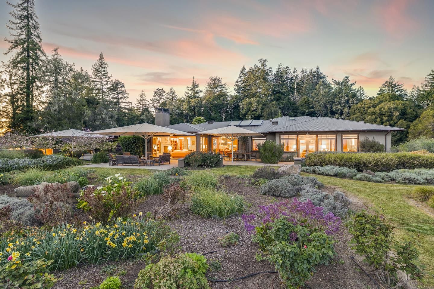 This stunning rear view of a contemporary single-story residence showcases a sprawling patio area shaded by large umbrellas, perfect for outdoor entertaining. The home is nestled against a backdrop of lush, mature trees and features a beautifully landscaped garden filled with vibrant flowers and ornamental grasses in the foreground. The warm, golden hour lighting enhances the inviting atmosphere, highlighting the seamless transition between the indoor living spaces and the expansive natural surroundings.