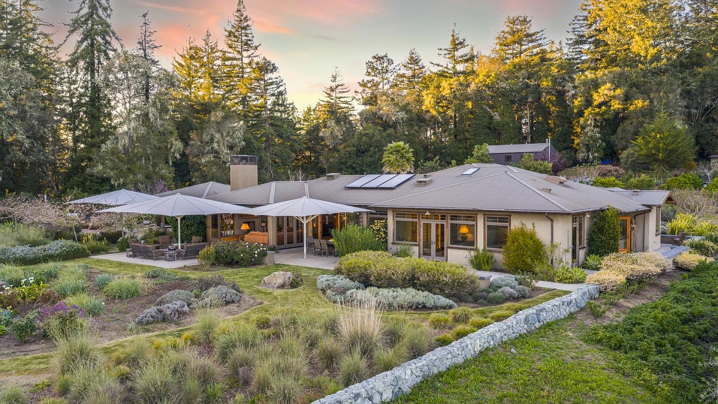 This expansive rear view of a single-story residence showcases a sprawling, low-profile home nestled against a backdrop of lush, mature redwood trees. The property features a large stone-paved patio shaded by modern cantilevered umbrellas, seamlessly transitioning into a meticulously landscaped garden with native grasses and stone retaining walls. The warm, golden hour lighting enhances the serene, private atmosphere of this tranquil estate.
