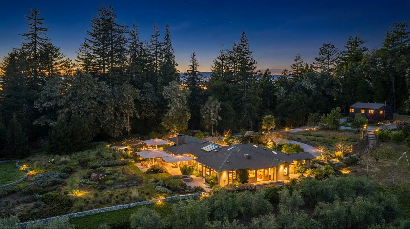 This stunning aerial perspective captures a sprawling, single-story residence nestled within a lush, wooded landscape at sunset. The property features a beautifully landscaped garden with stone pathways, multiple patio areas with umbrellas, and a secondary structure in the distance, all set against a backdrop of towering pine trees. The warm, golden light of the setting sun creates a serene and inviting atmosphere, highlighting the home's integration with its natural surroundings.