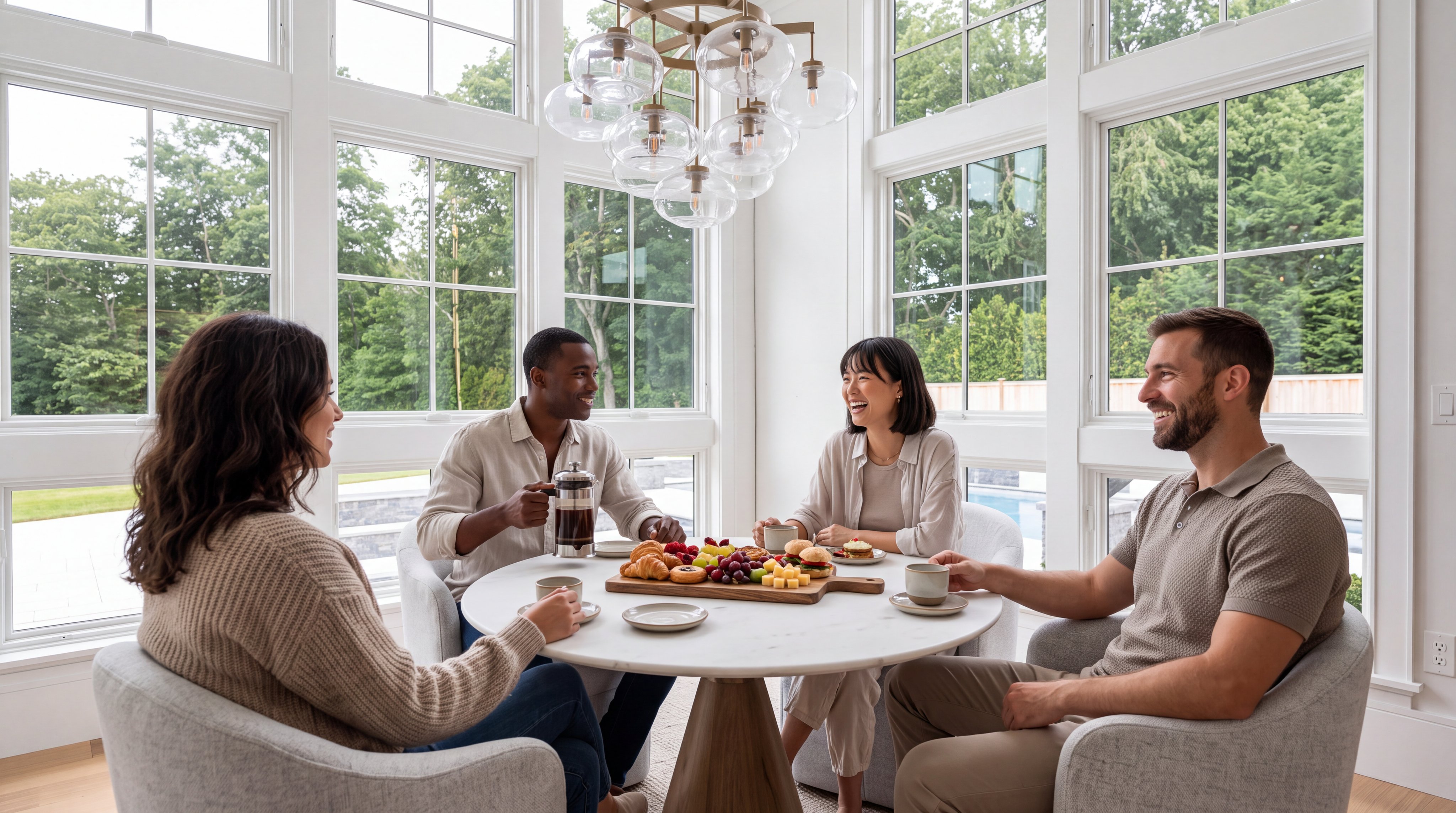 This bright and airy dining area features a round white table surrounded by four upholstered chairs, set atop a textured area rug. The space is defined by expansive windows that allow for abundant natural light and views of the outdoors, complemented by a modern multi-globe chandelier. To the side, a tall, dark-framed glass cabinet with integrated interior lighting adds a sophisticated touch to the clean, contemporary aesthetic.
