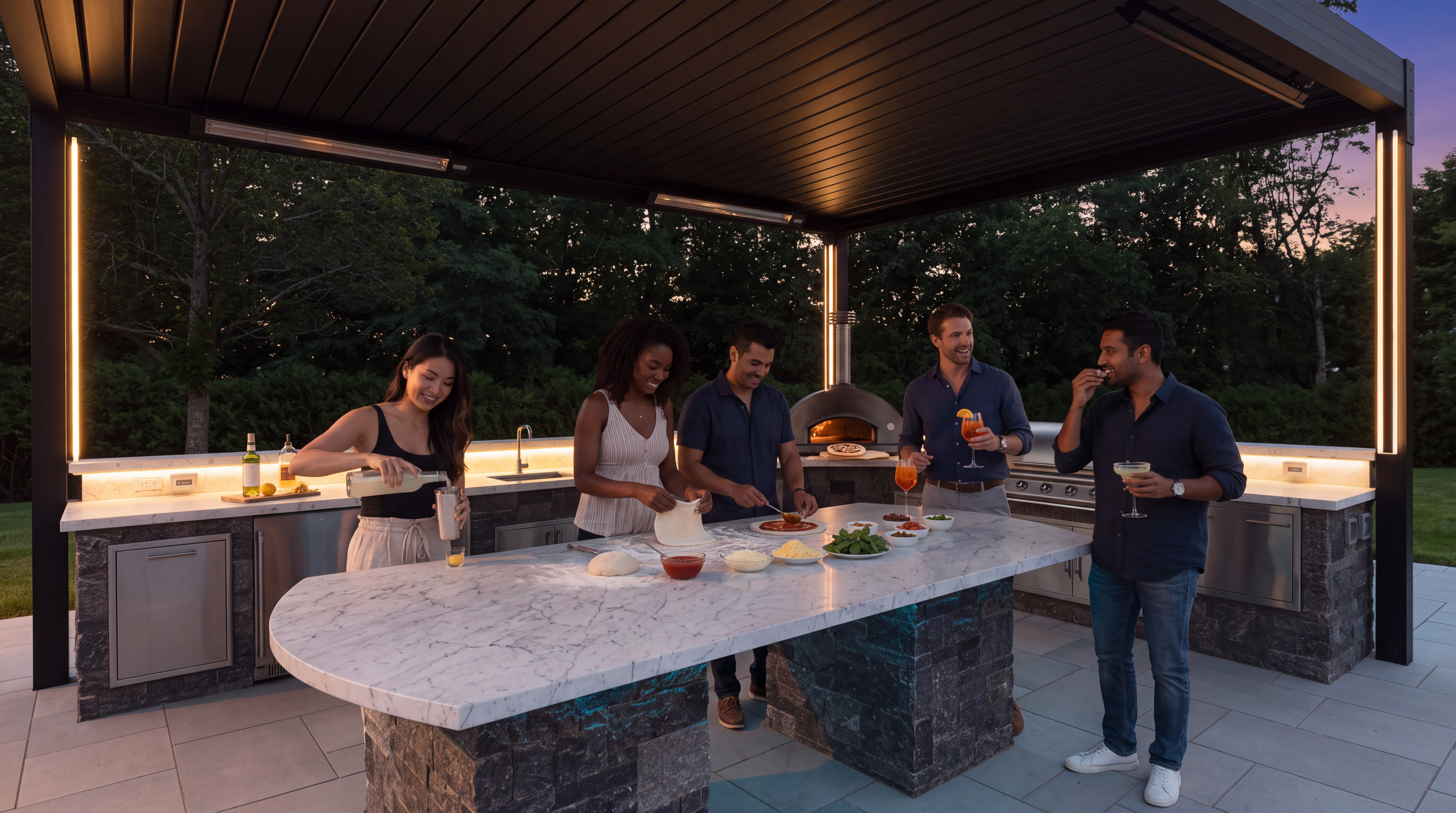 This sophisticated outdoor kitchen is sheltered by a modern, dark-toned louvered pergola with integrated lighting. The space features a stone-clad island with a light-colored countertop, a built-in stainless steel grill, a pizza oven, and a sink, all set against a backdrop of lush trees. The paved patio area provides a clean, contemporary setting perfect for al fresco dining and entertaining.