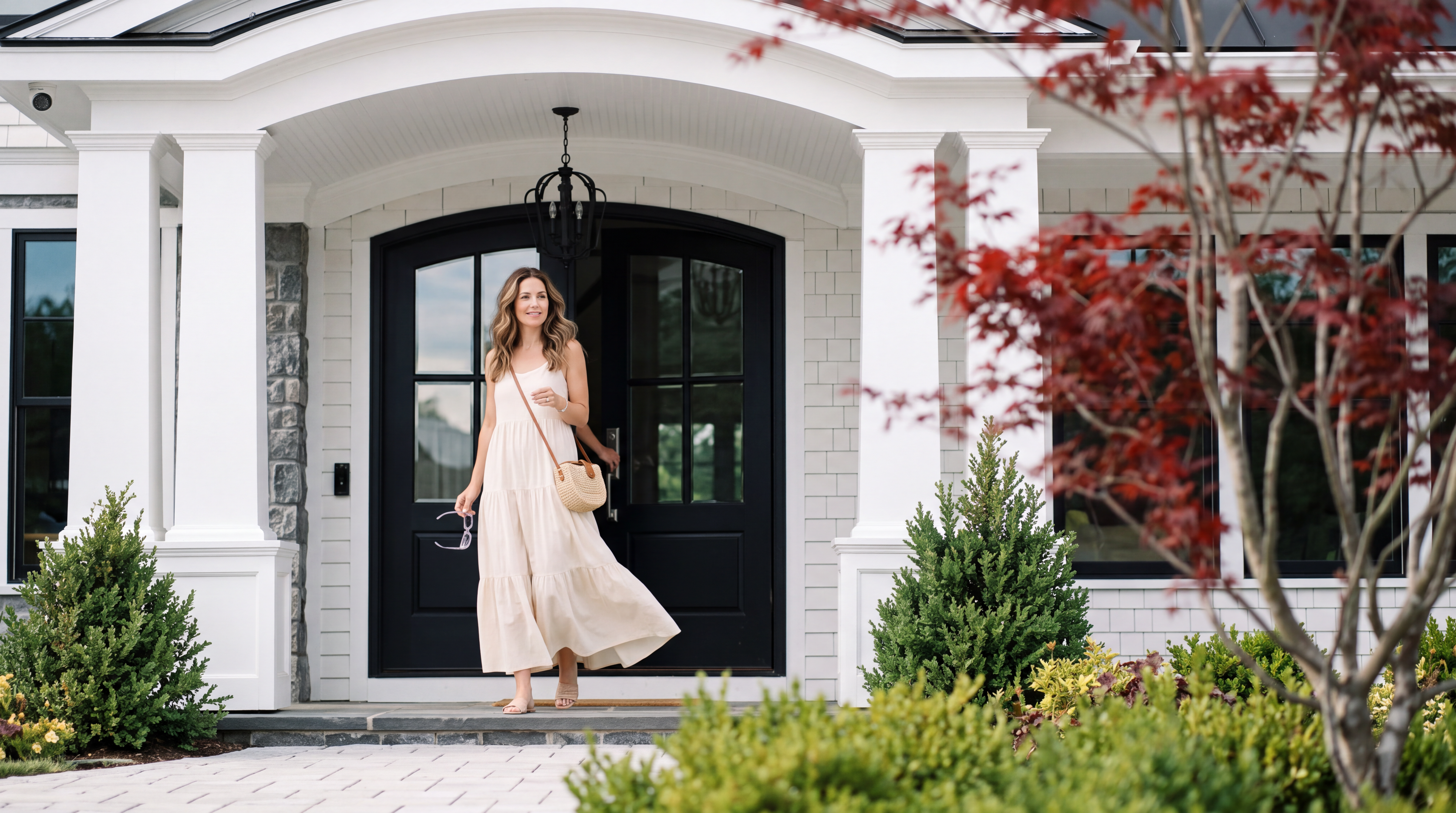 This elegant front entryway features striking black double doors set against white architectural siding and classic pillars. A covered porch area provides a welcoming transition into the home, complemented by neatly manicured landscaping and a refined stone walkway. The combination of clean lines and high-contrast finishes creates a sophisticated, modern farmhouse aesthetic.